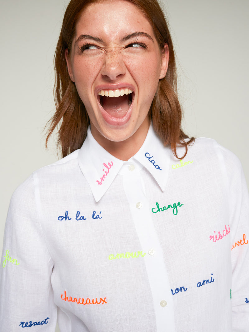 Vilagallo White Shirt with Embroidered Words 33215