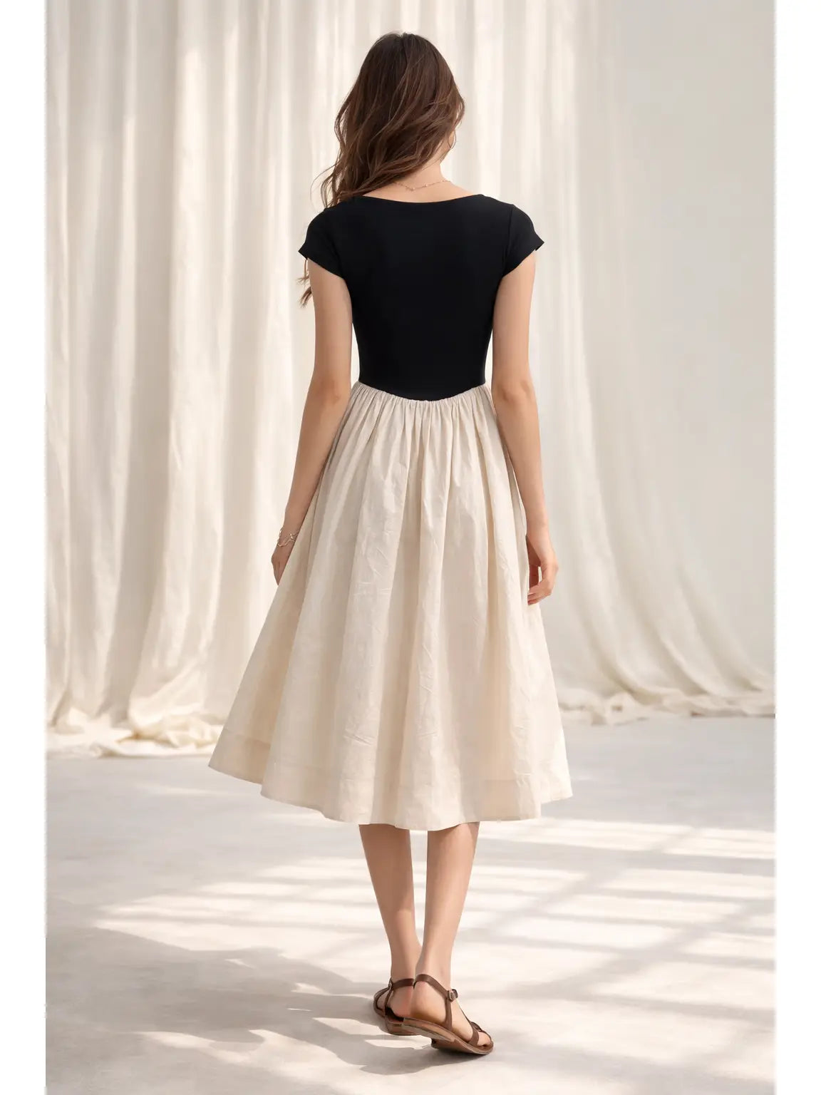 Moon River Basque Waist Short Sleeve Mixed Media Dress MR9721