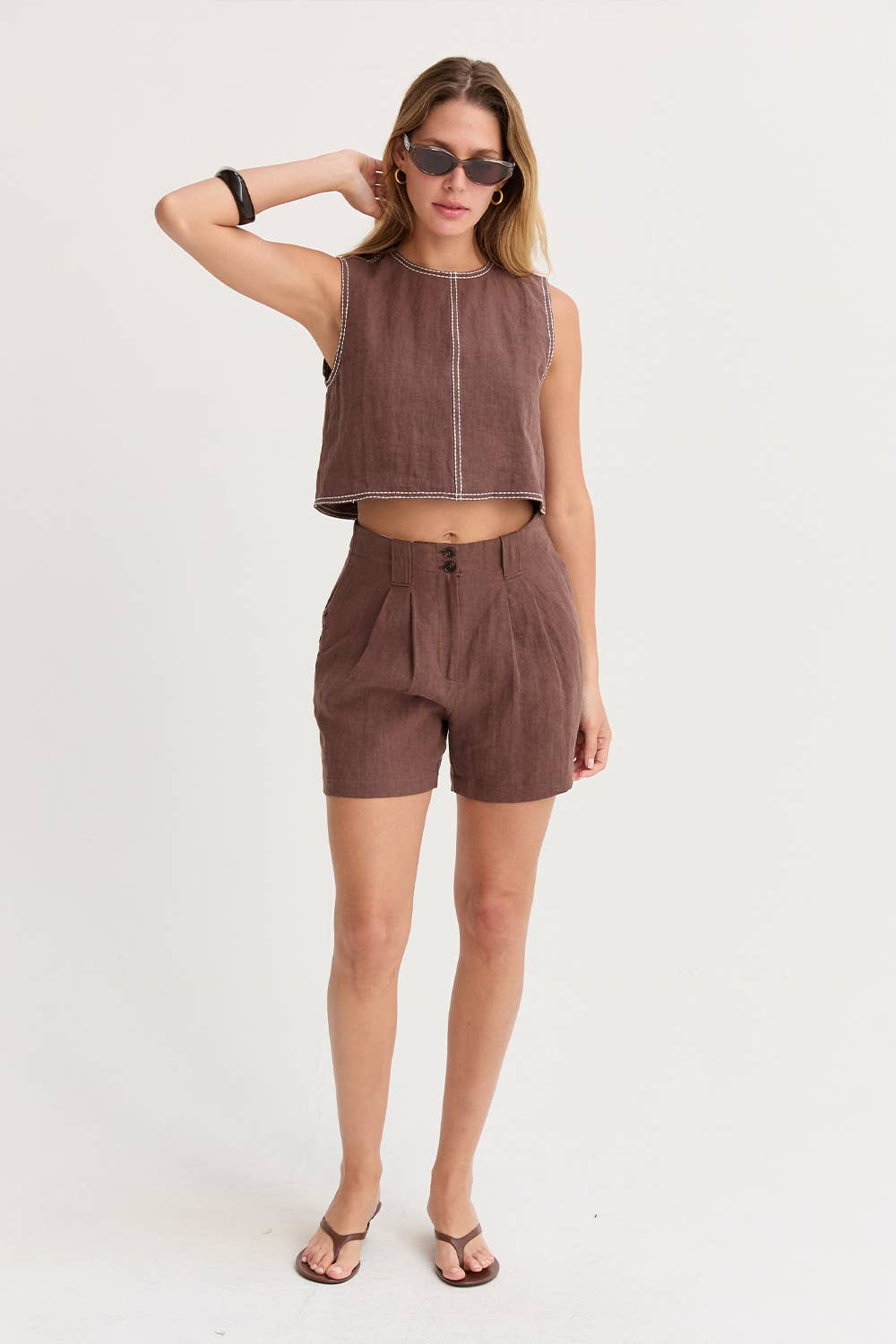 Crescent Kiara Contrast Stitch Linen Crop Top CT8996
