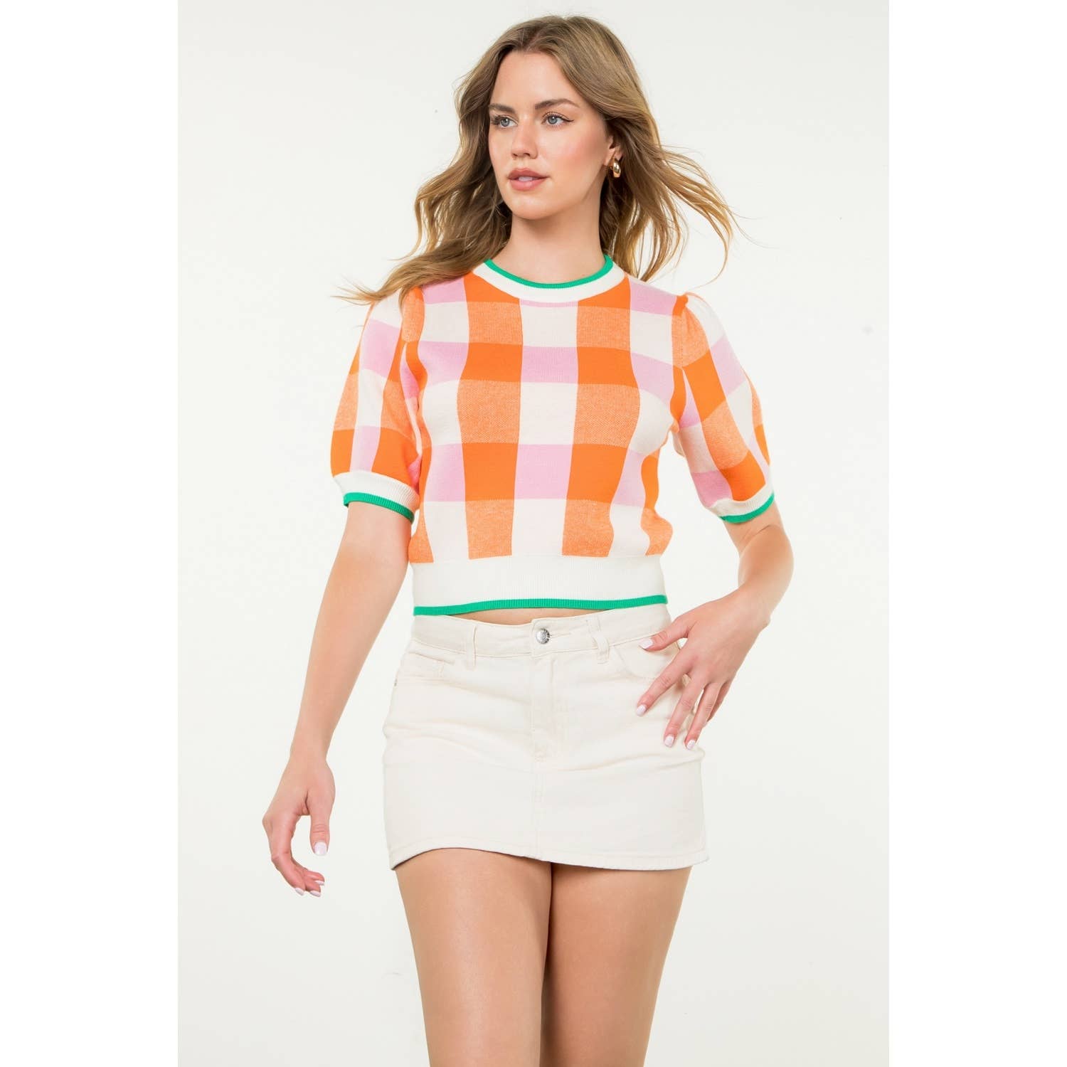 THML Short Sleeve Checkered Knit Top