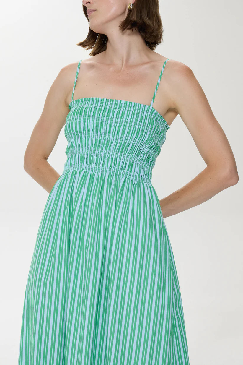 Pistola Bianca Shirred Bodice Dress Green Blue Stripe