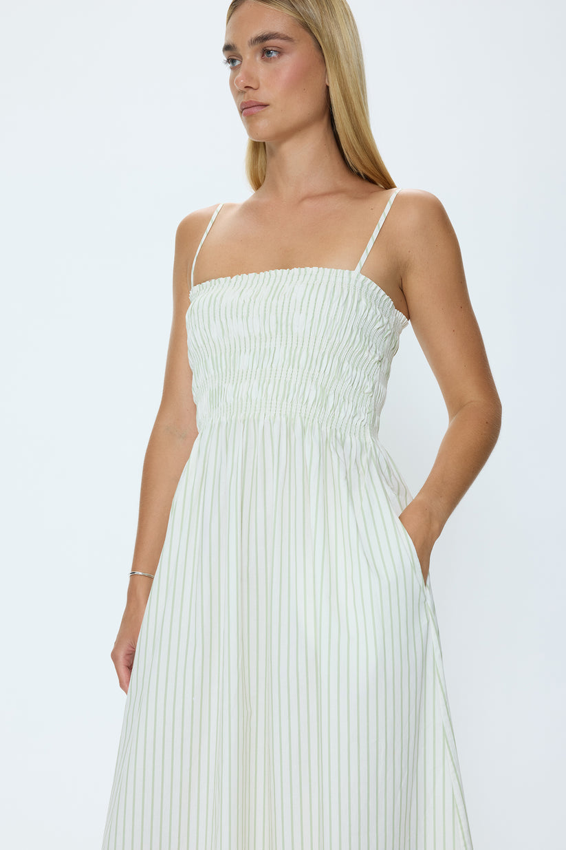 Pistola Bianca Shirred Bodice Dress in Sage Egret Stripe