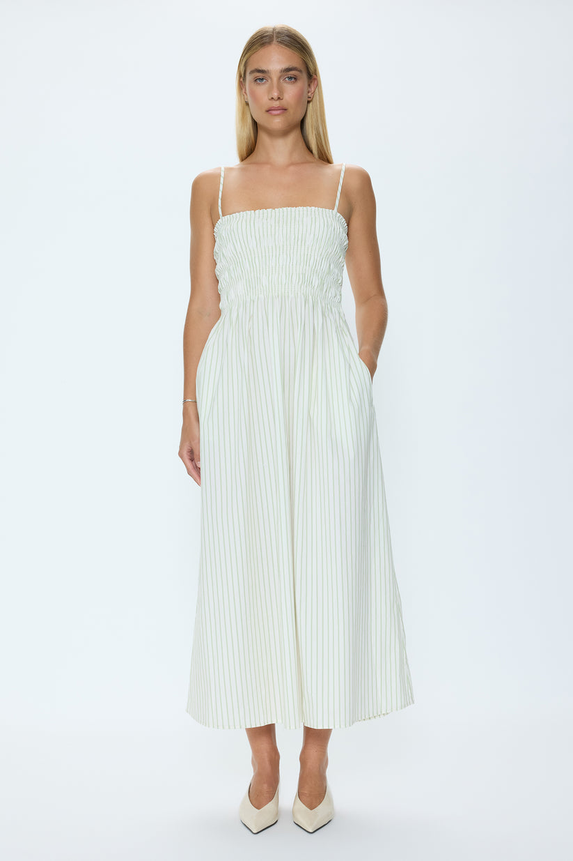 Pistola Bianca Shirred Bodice Dress in Sage Egret Stripe