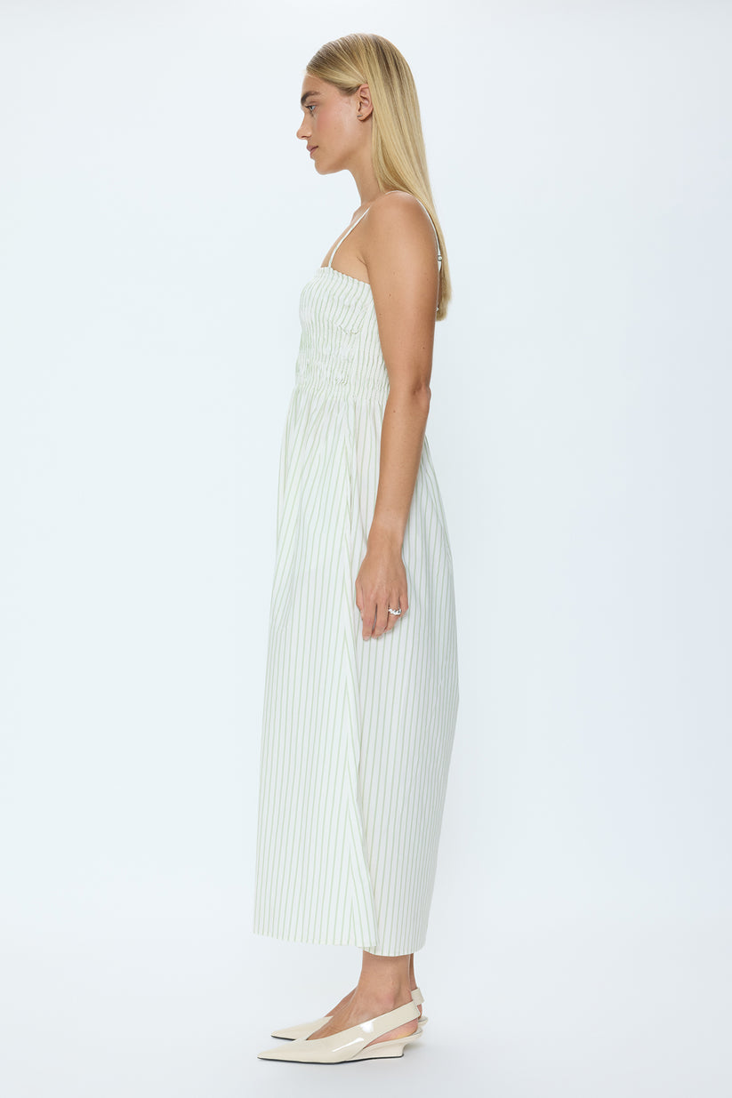 Pistola Bianca Shirred Bodice Dress in Sage Egret Stripe