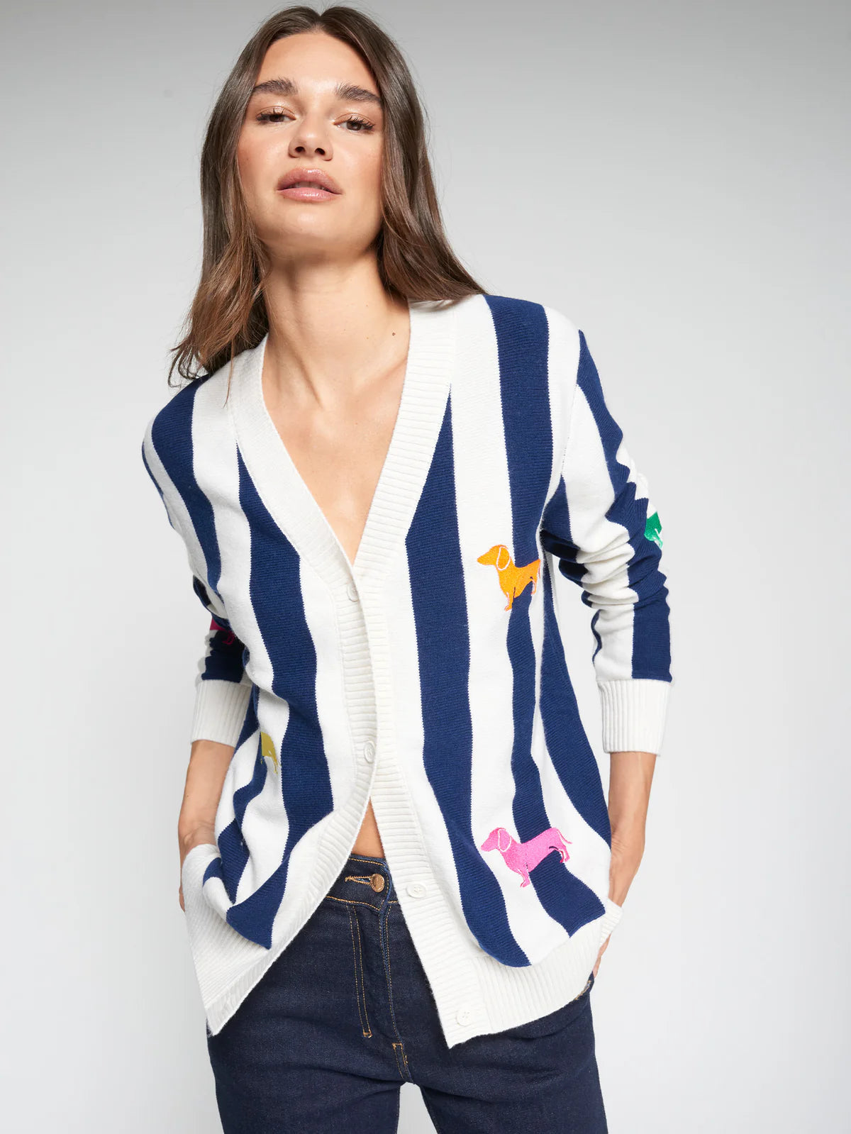 Vilagallo Navy Striped Cardigan with Dogs 33503