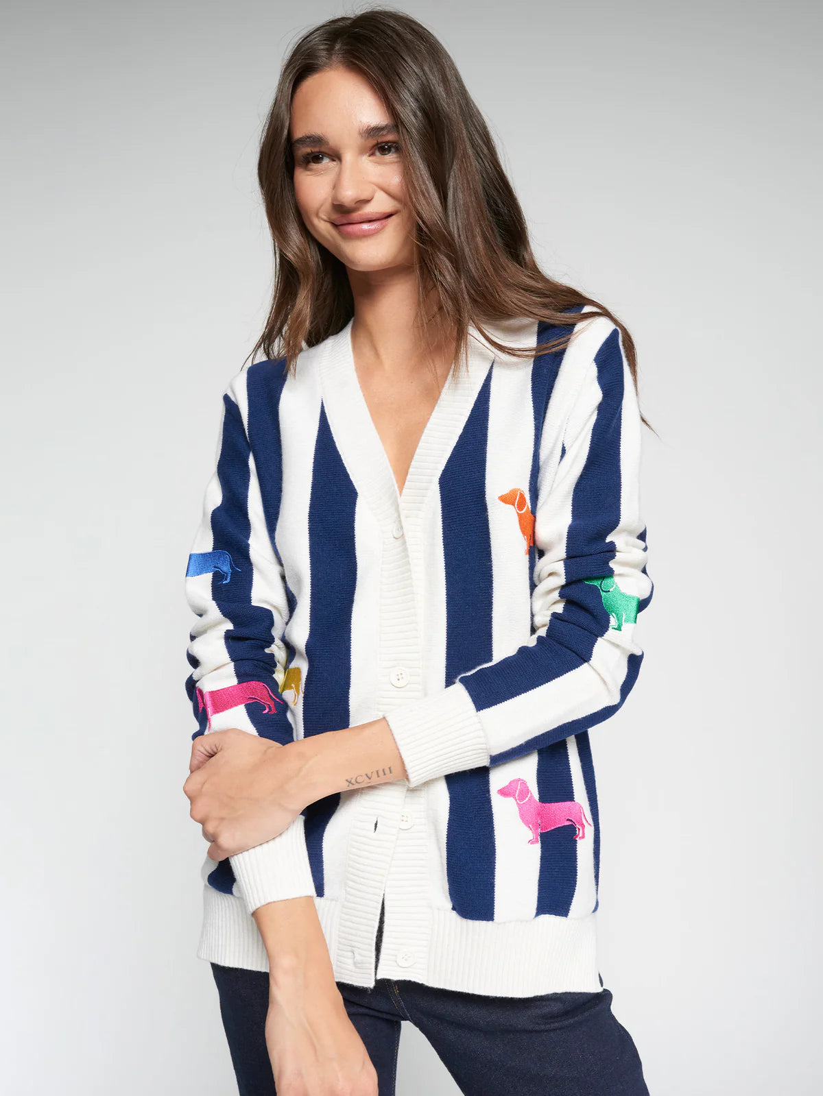 Vilagallo Navy Striped Cardigan with Dogs 33503