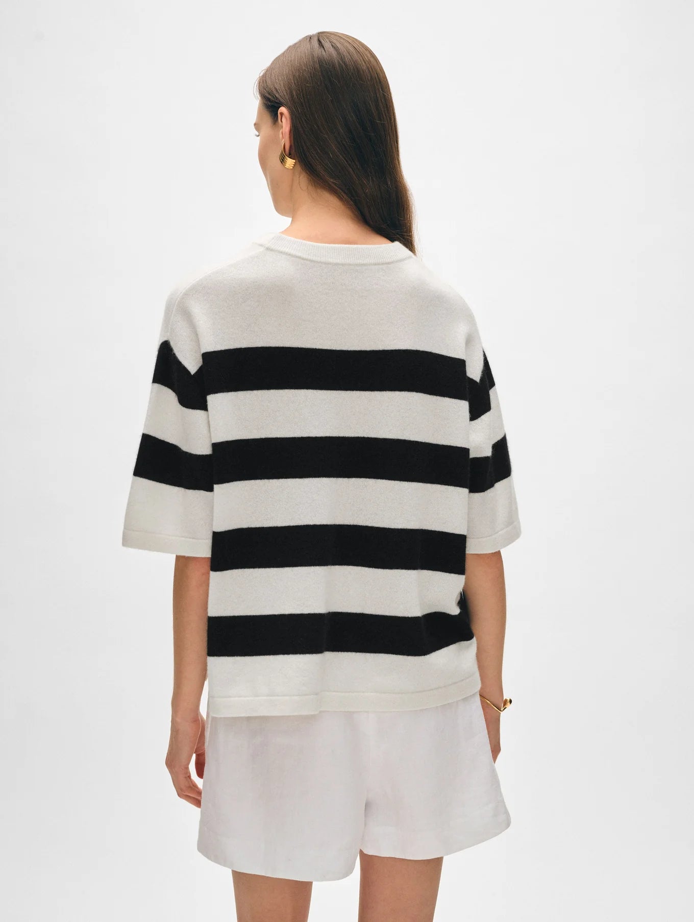 White + Warren Cashmere Striped Easy T-Shirt Soft White Black 20970