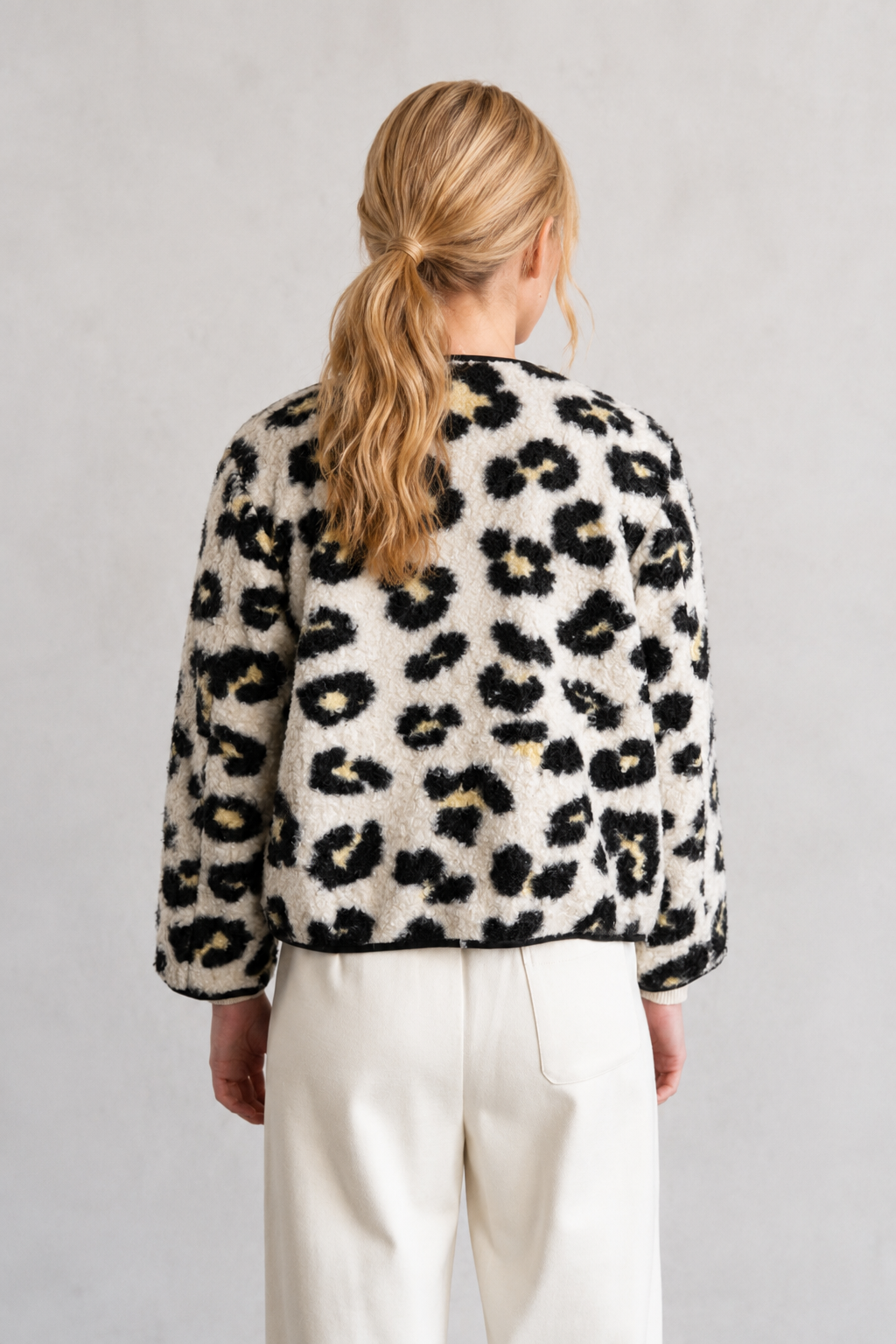 Elle Grey Leopard Faux Collarless Jacket