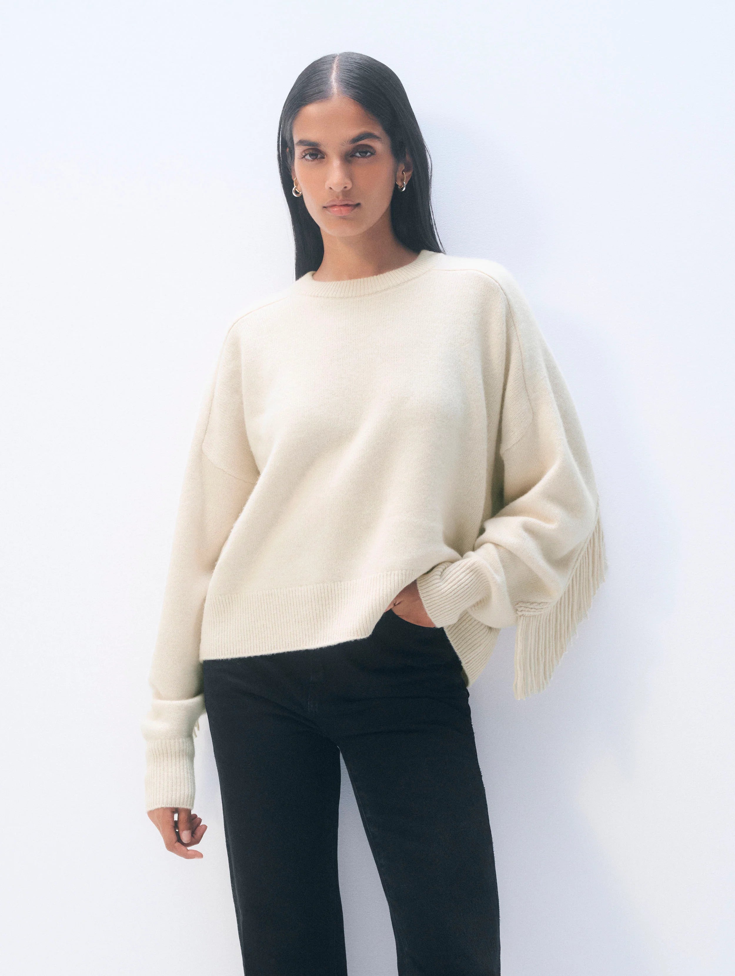 White + Warren Cashmere Blend Luxe Fringe Crewneck 21576
