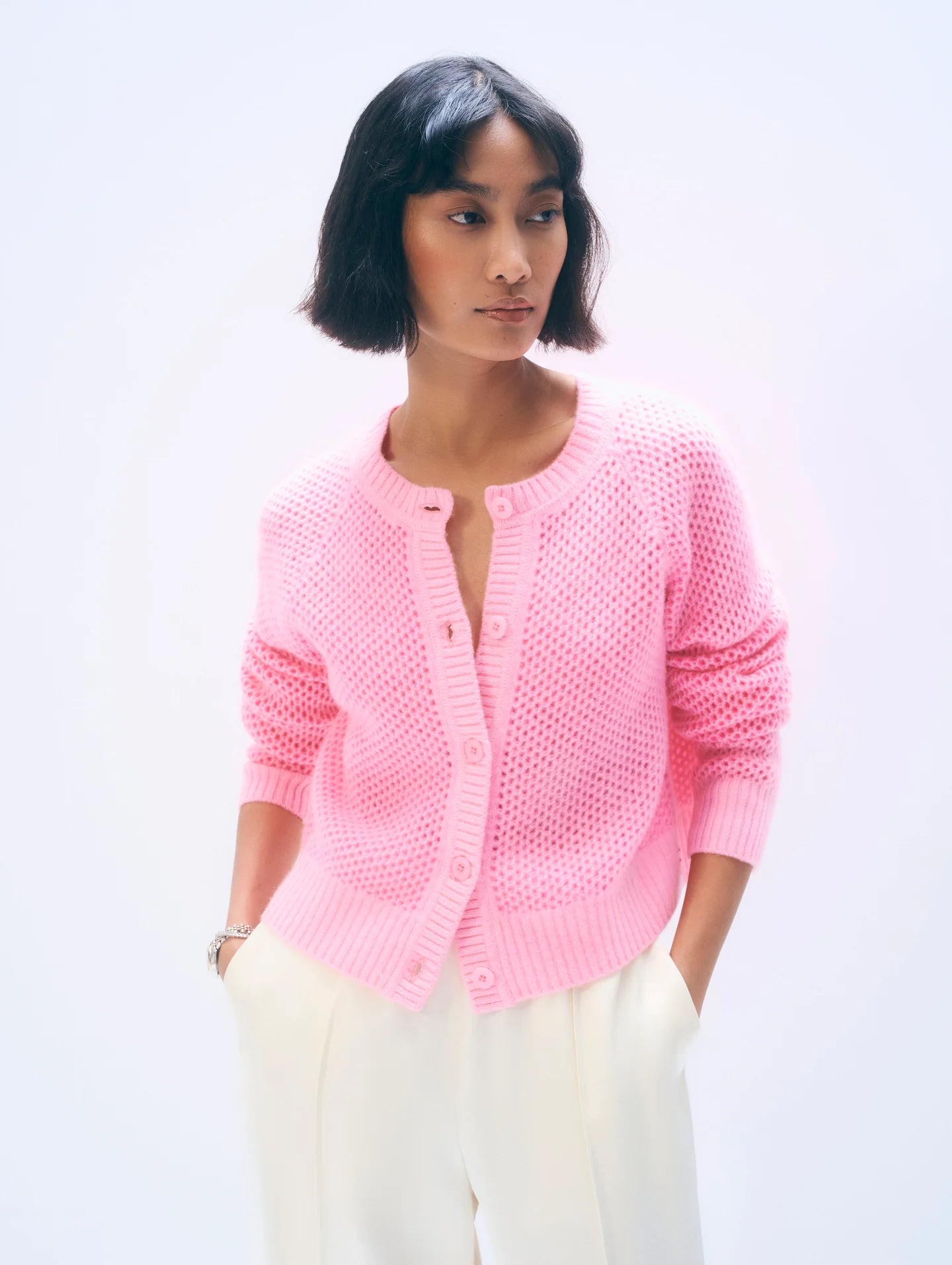 White + Warren Cashmere Mesh Cardigan Pink Buds 21644