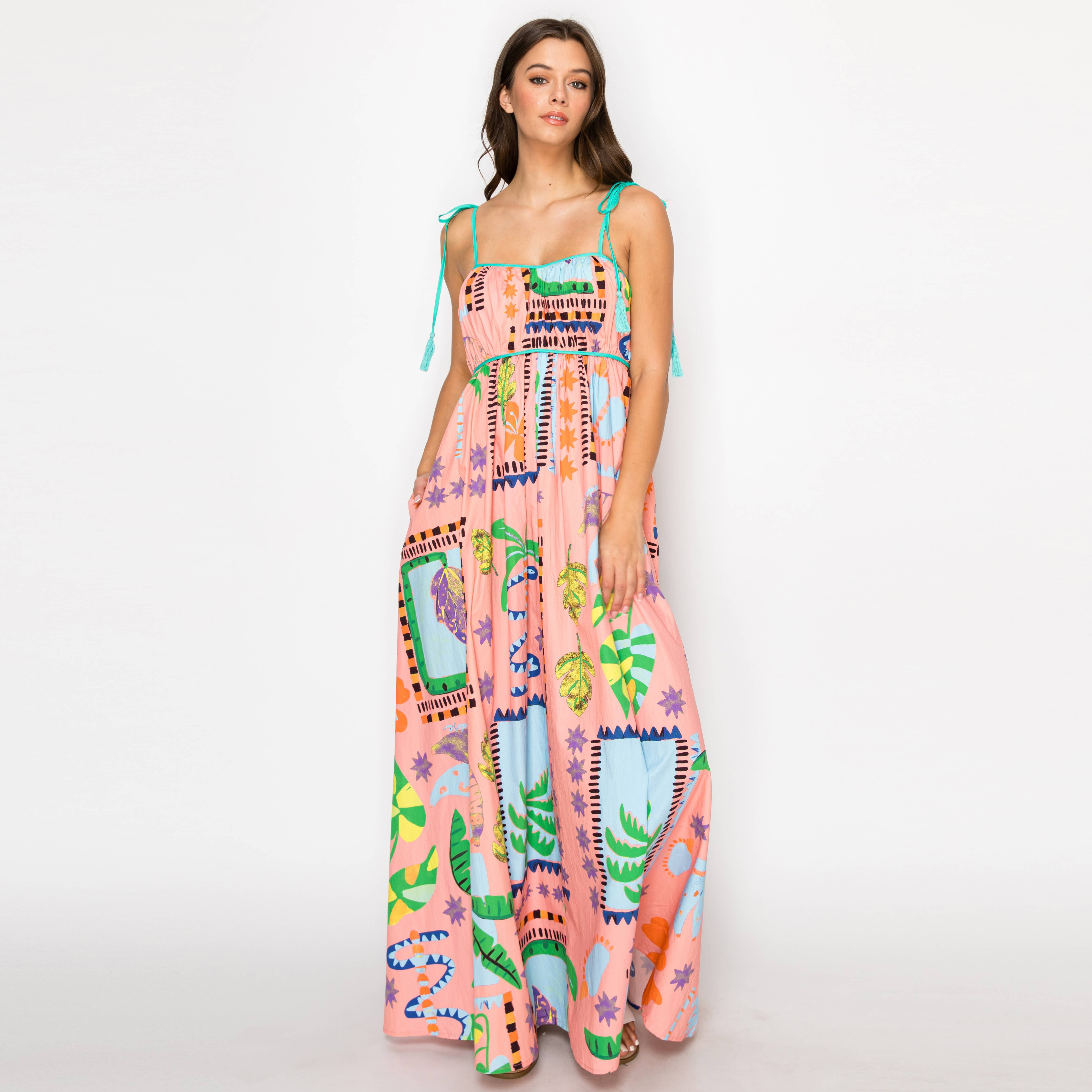 LoveWednesday Coral Retro Tropical Print Cotton Maxi Dress