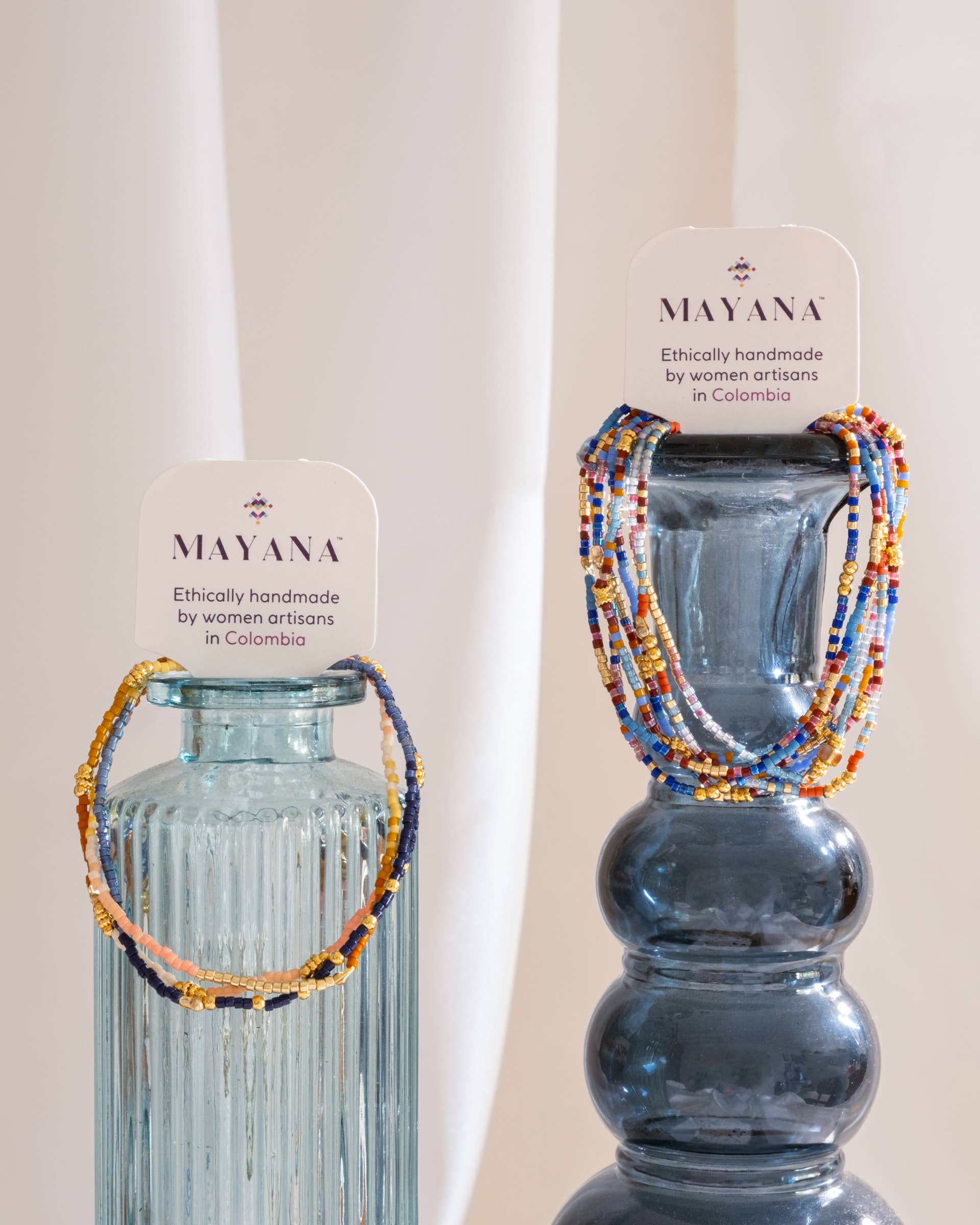 Mayana Set of 3 Miyuki Beaded Stretch Bracelets Blue/Mustard/Salmon