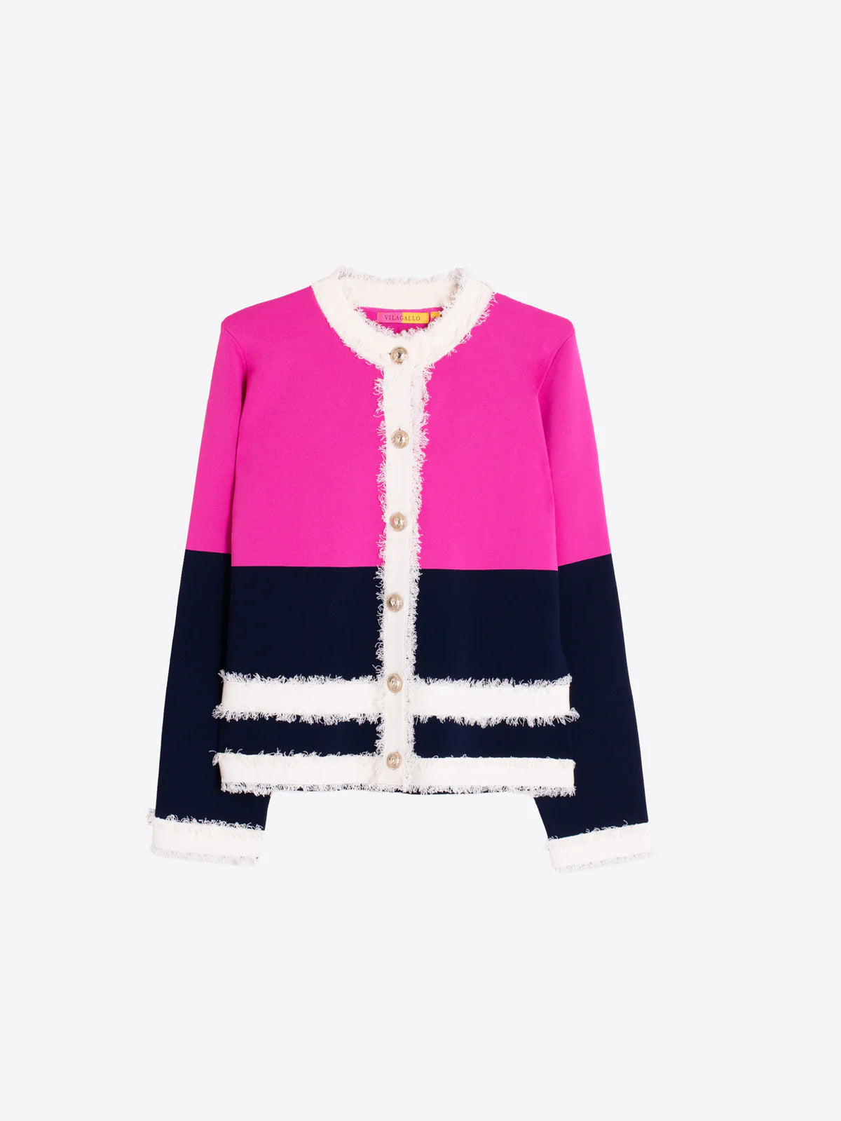 Vilagallo Fuschia and Navy Cardigan with Frayed Hem 33472