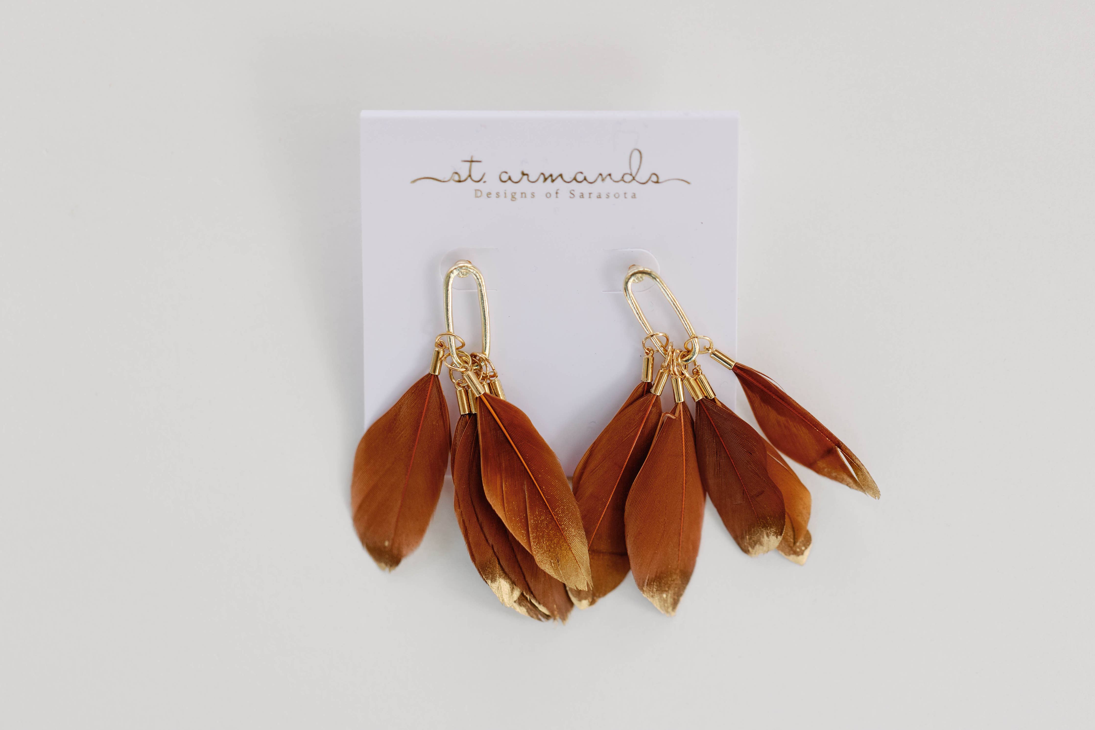 St. Armands Caramel Gold Dipped Feathers Statement Earrings