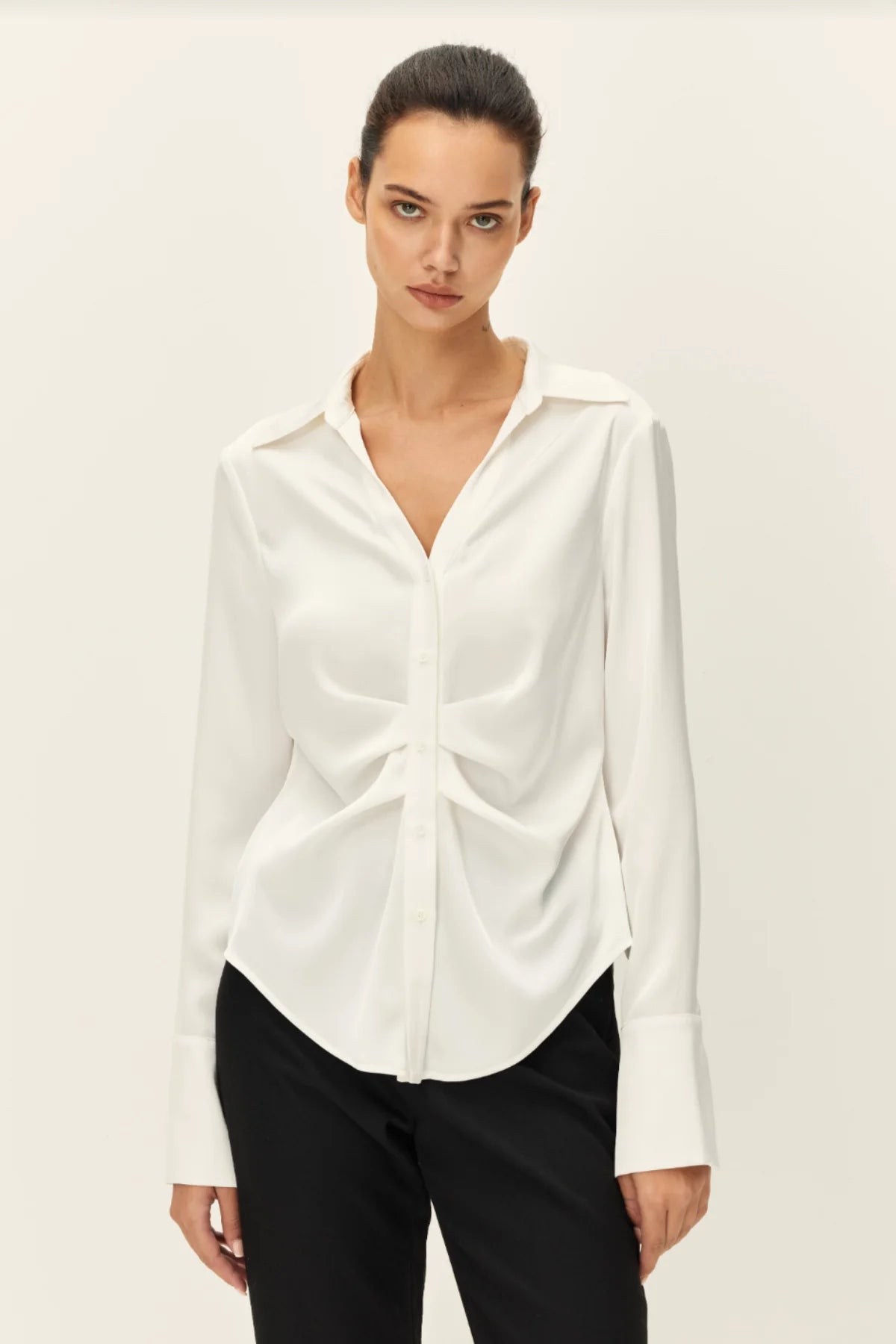 Elodie Canal Matte Satin Ruched Front Shirt