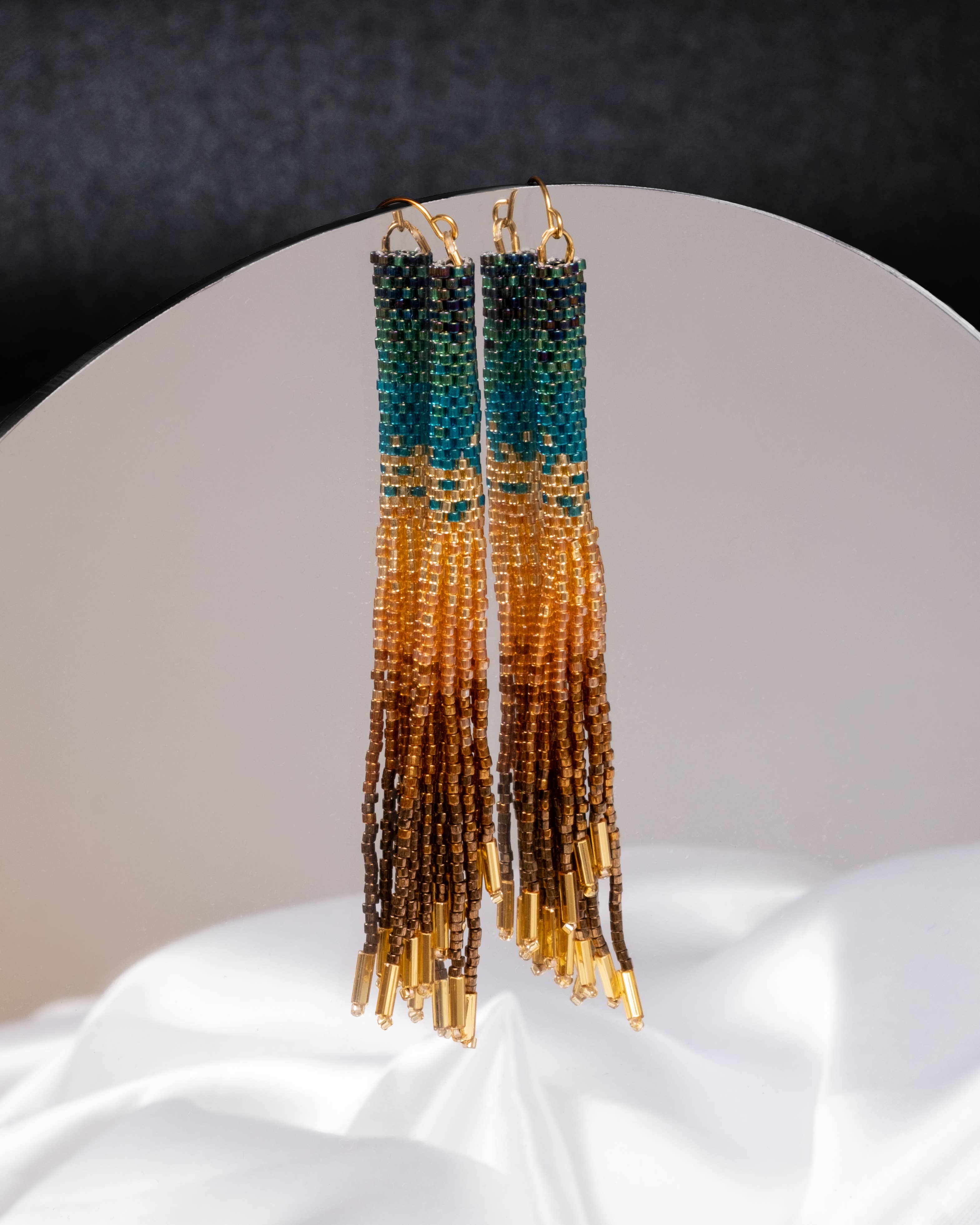 Mayana Beaded Handwoven Ombre Tassel Earrings-Green