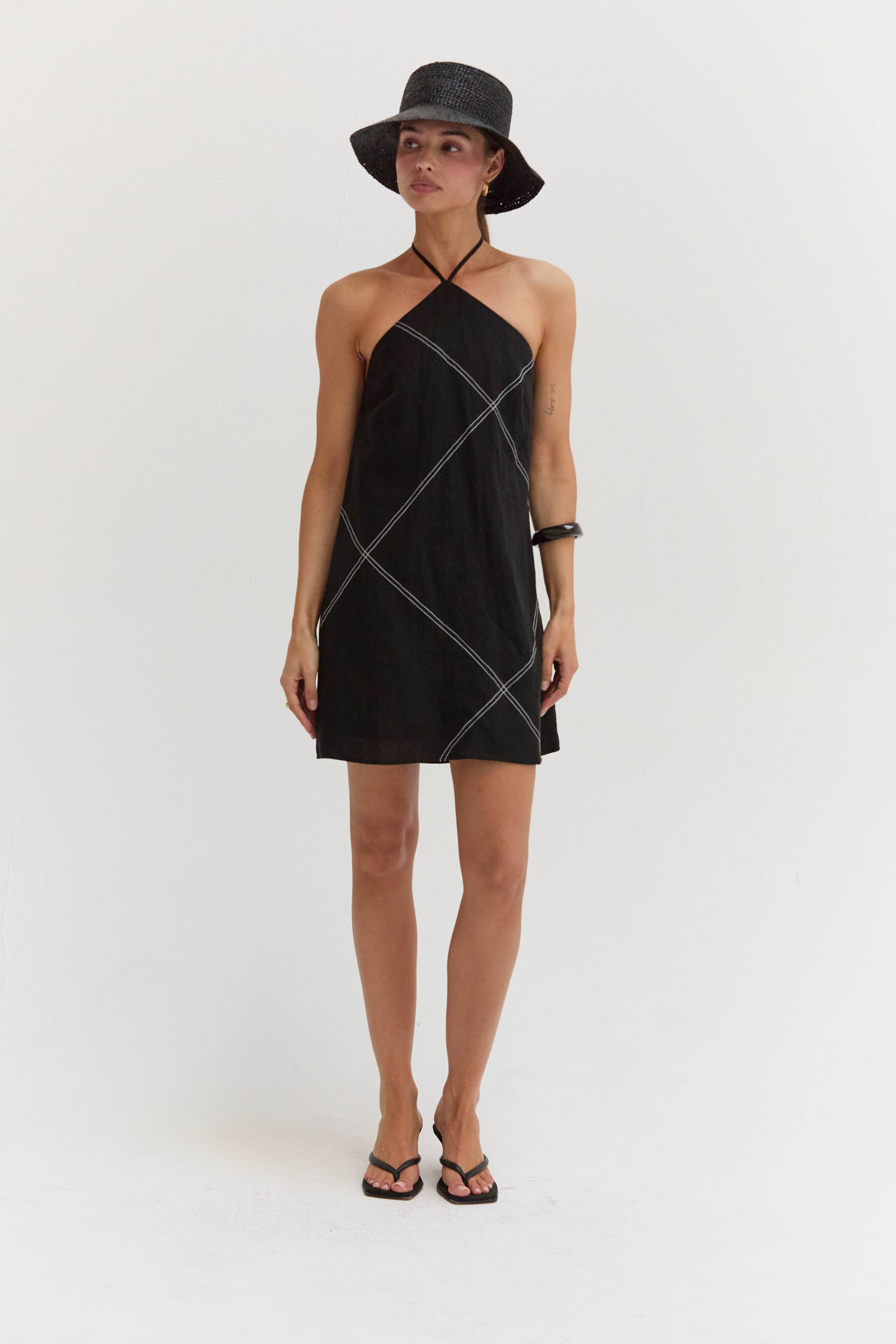 Crescent Lena Linen Contrast Stitch Halter Mini Dress CD9770