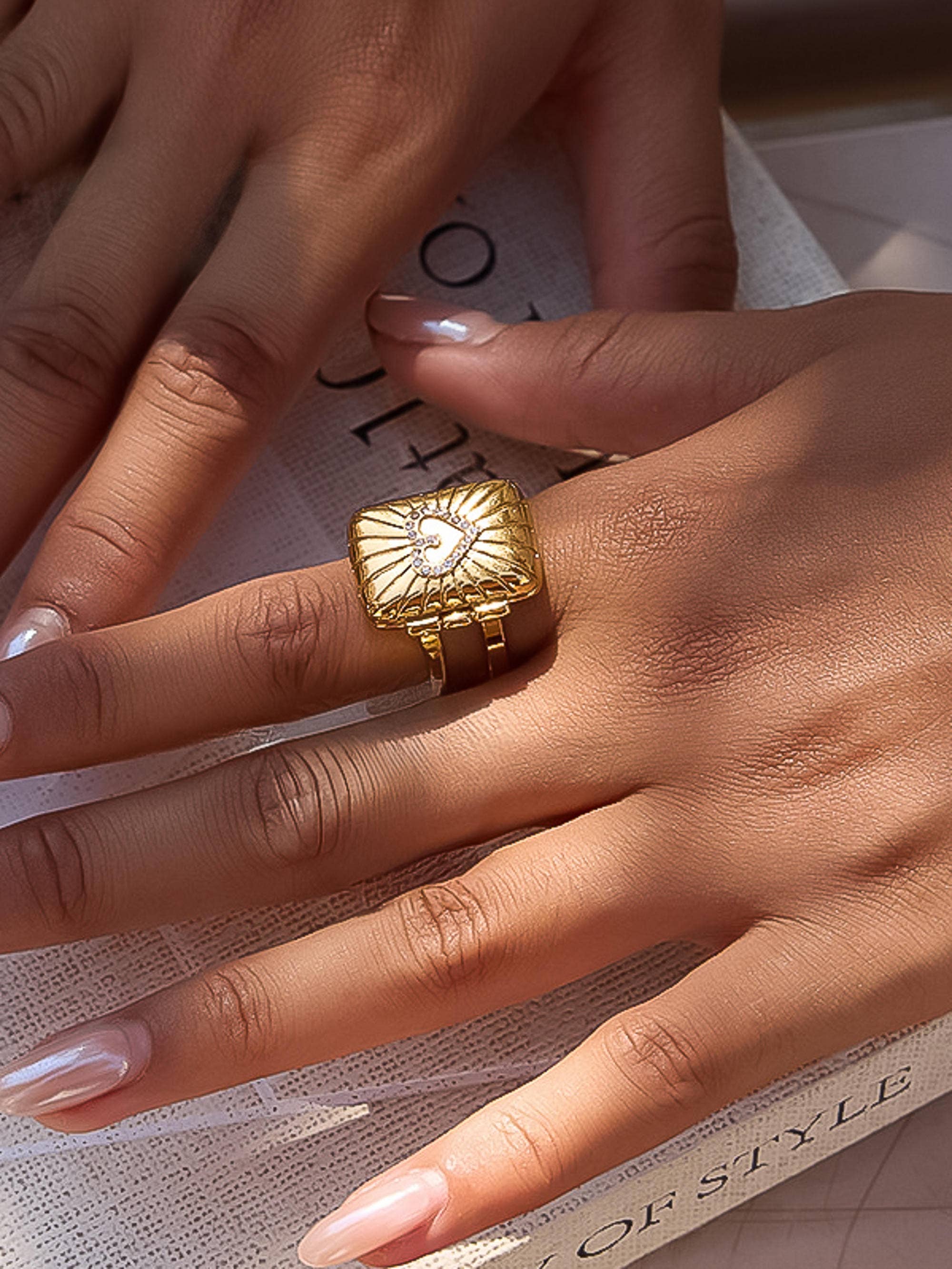 Flânerie Lockee 18K Gold Non-Tarnish CZ Heart Locket Ring