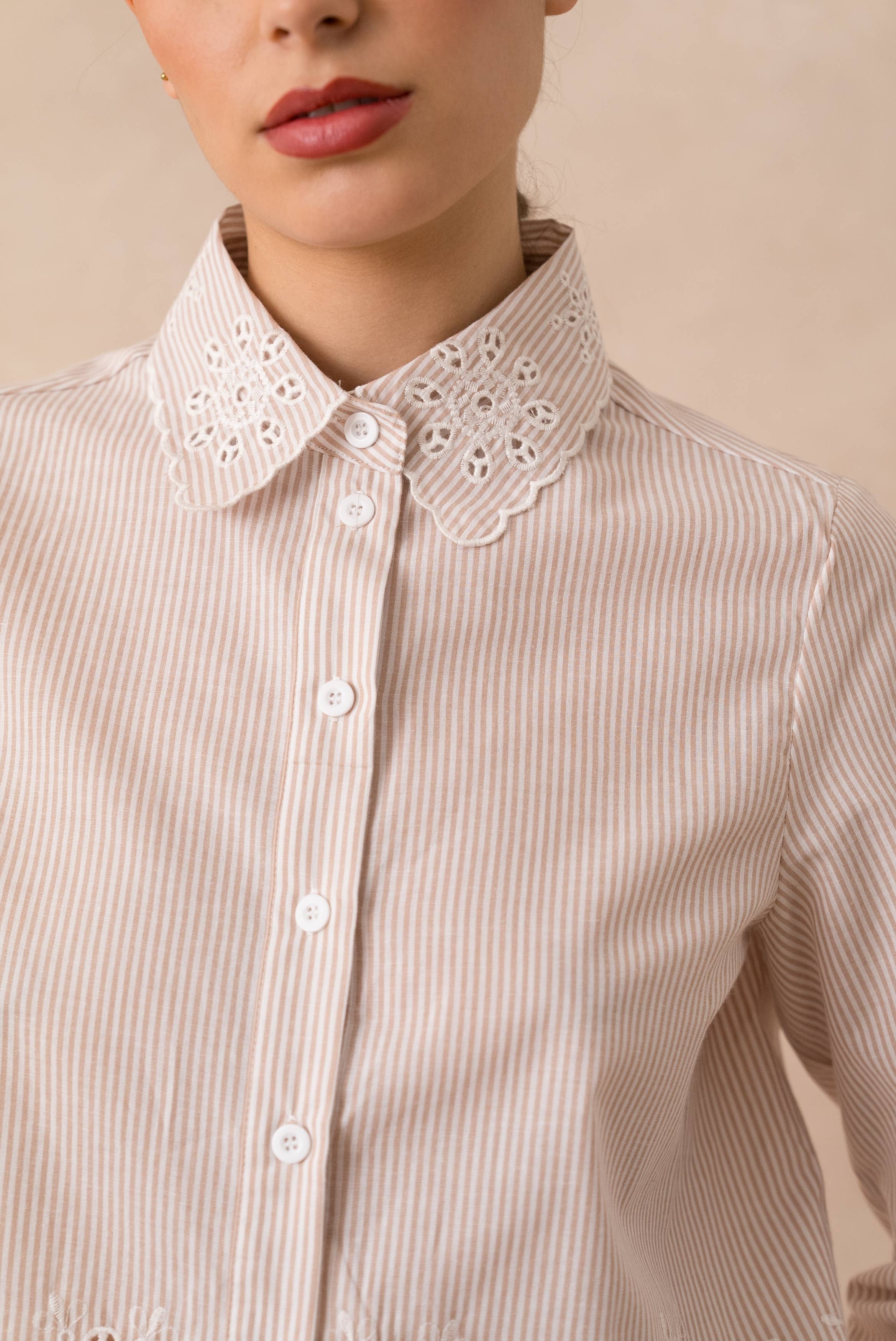 European Collection - Striped & Eyelet Cropped Shirt