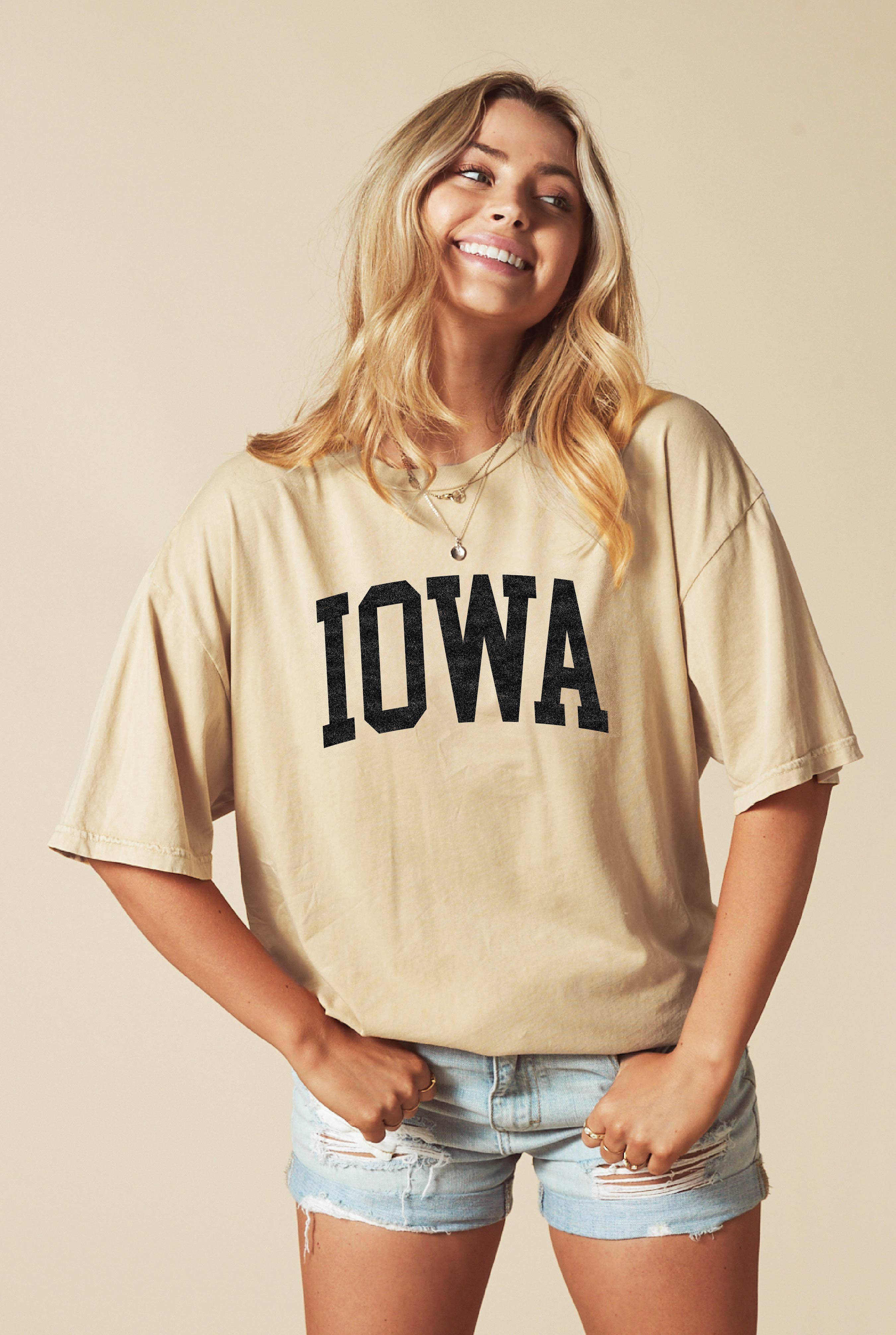 Catherine's Game Day IOWA Oversized Mineral Washed Arch Tee Mineral Tan