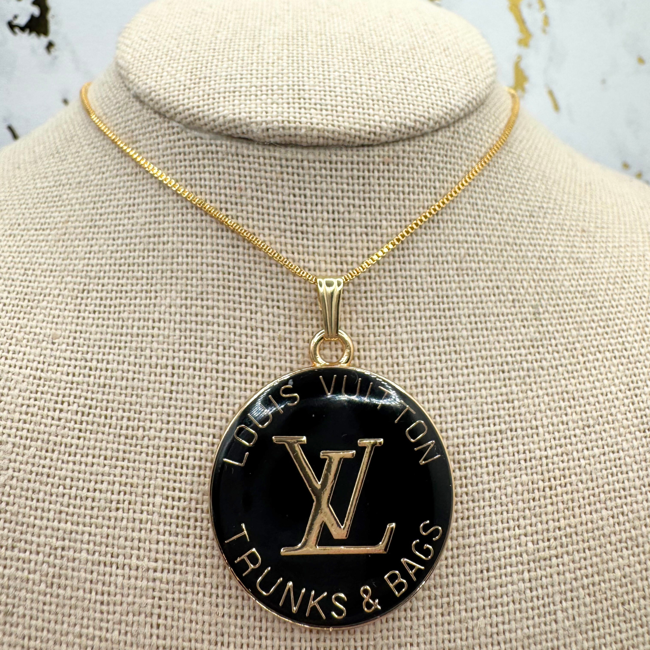 Luxury Upcycled "LV" Black 14K Gold Filled Pendant Necklace 1307