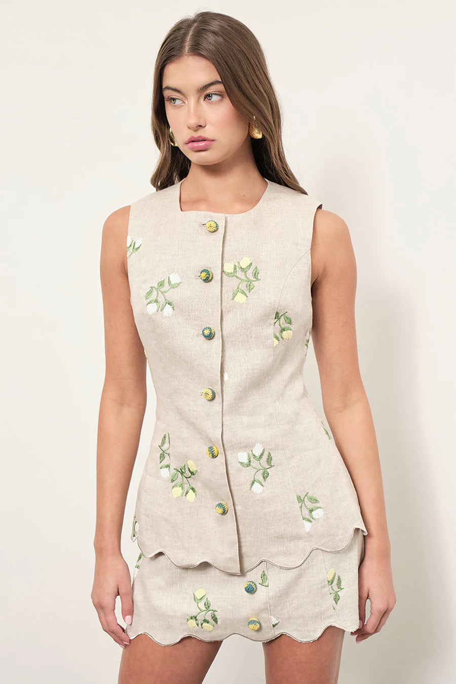 Maude Club Willow Embroidery Linen Scalloped Vest Top MC805T