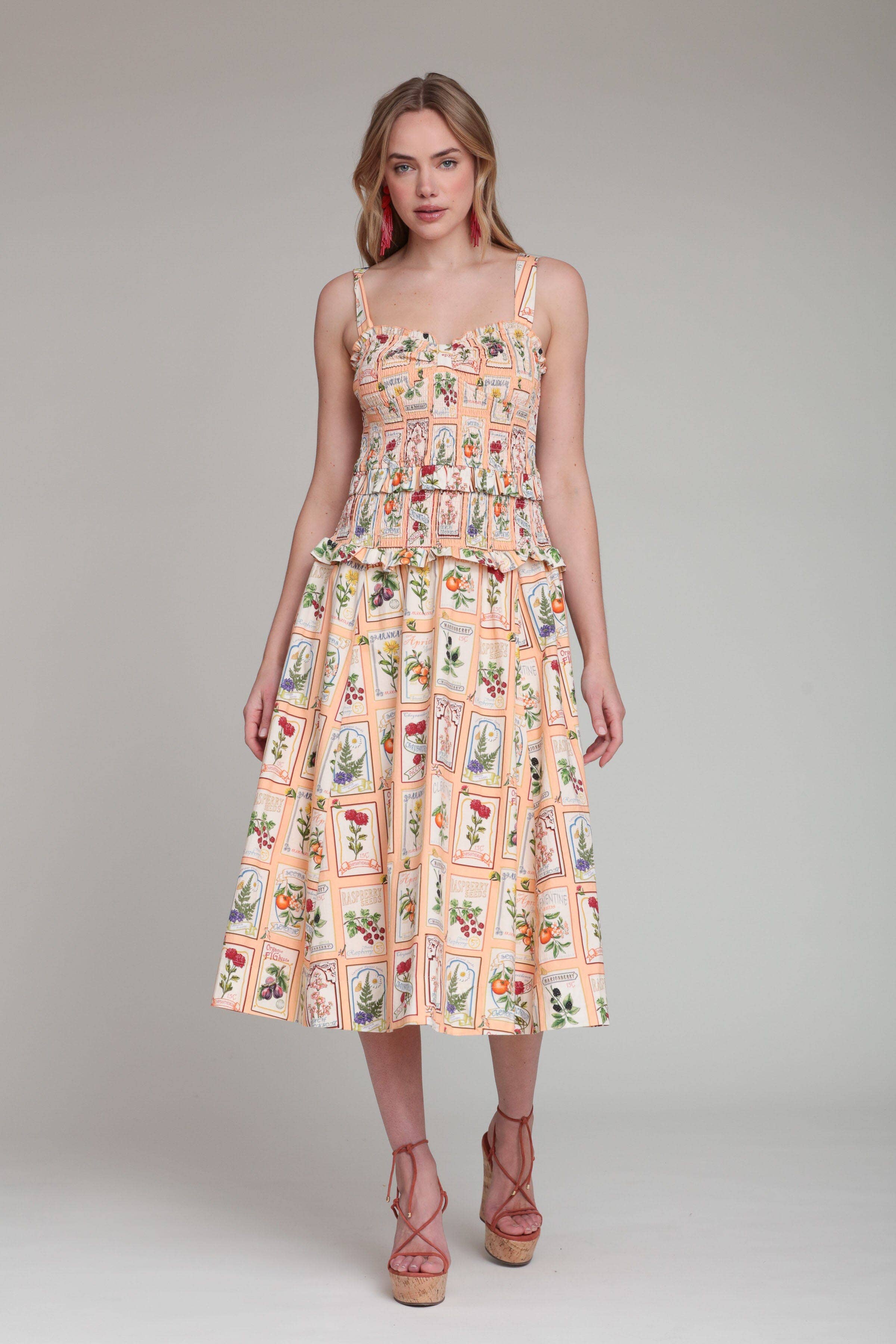 Avec Les Filles Cotton Fruit Floral Smocked Midi Dress