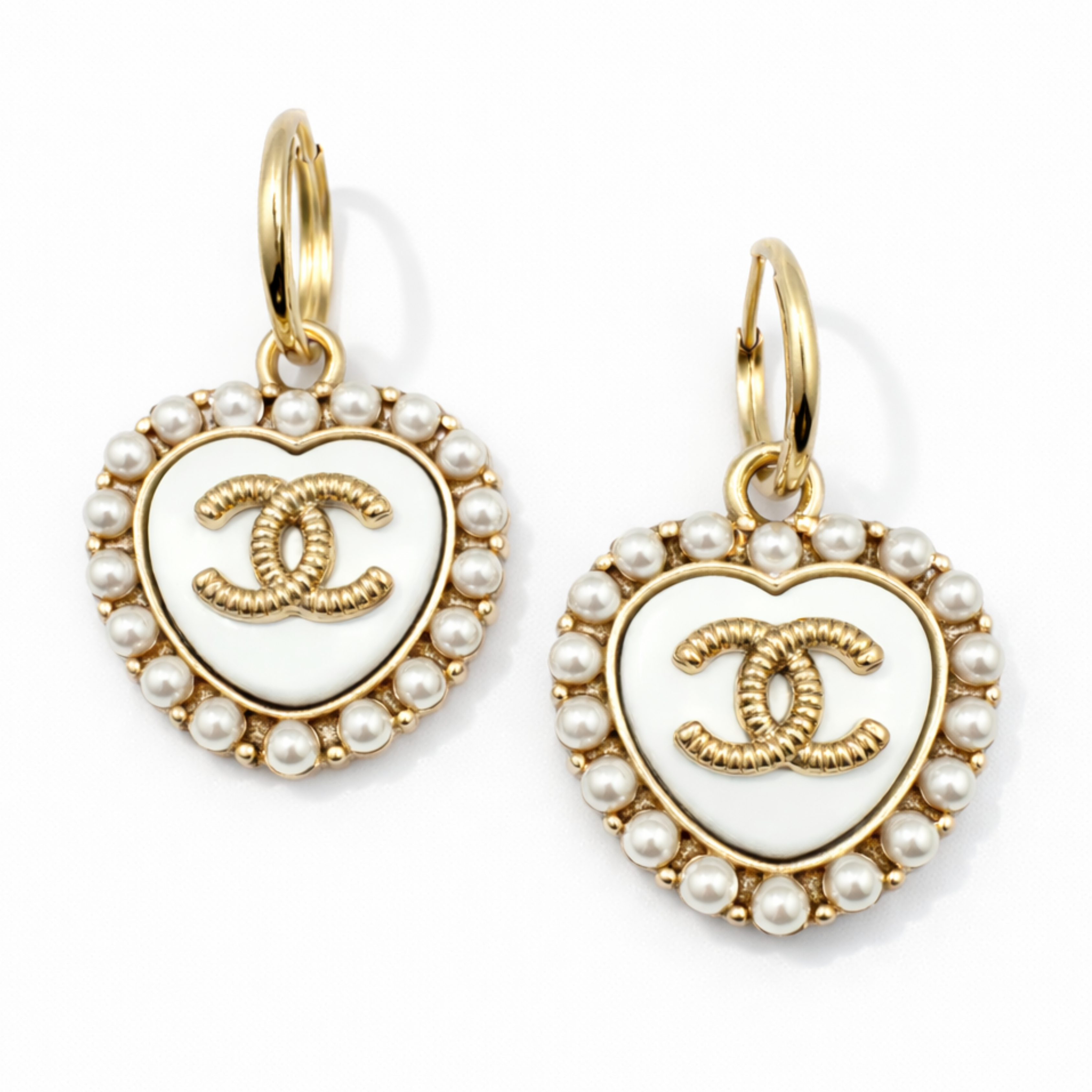 Luxury Upcycled Double "C" White Heart 14K Gold FIlled Hoop Earrings 1304