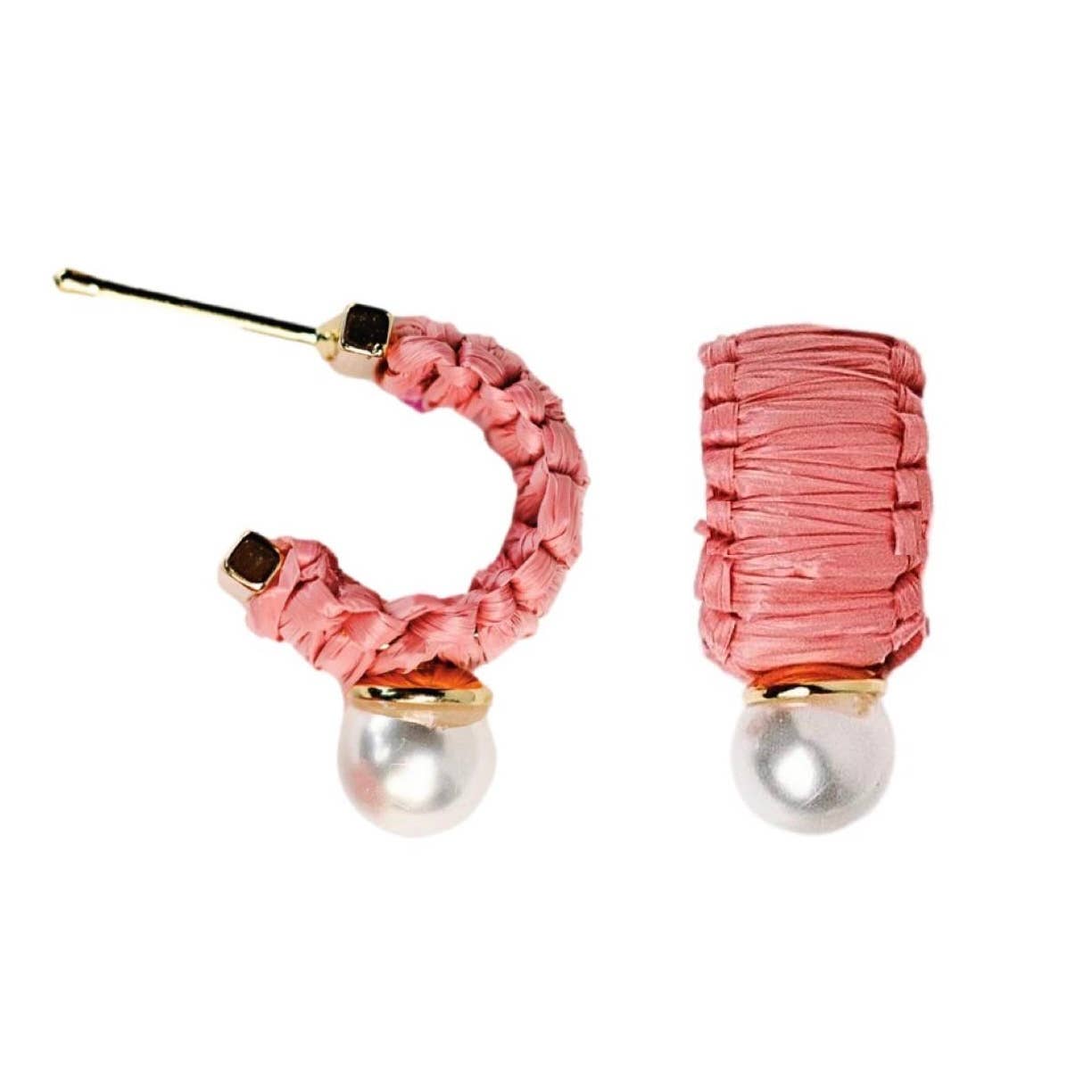 St. Armands Mini Pink Raffia and Pearl Huggie Hoop Earrings