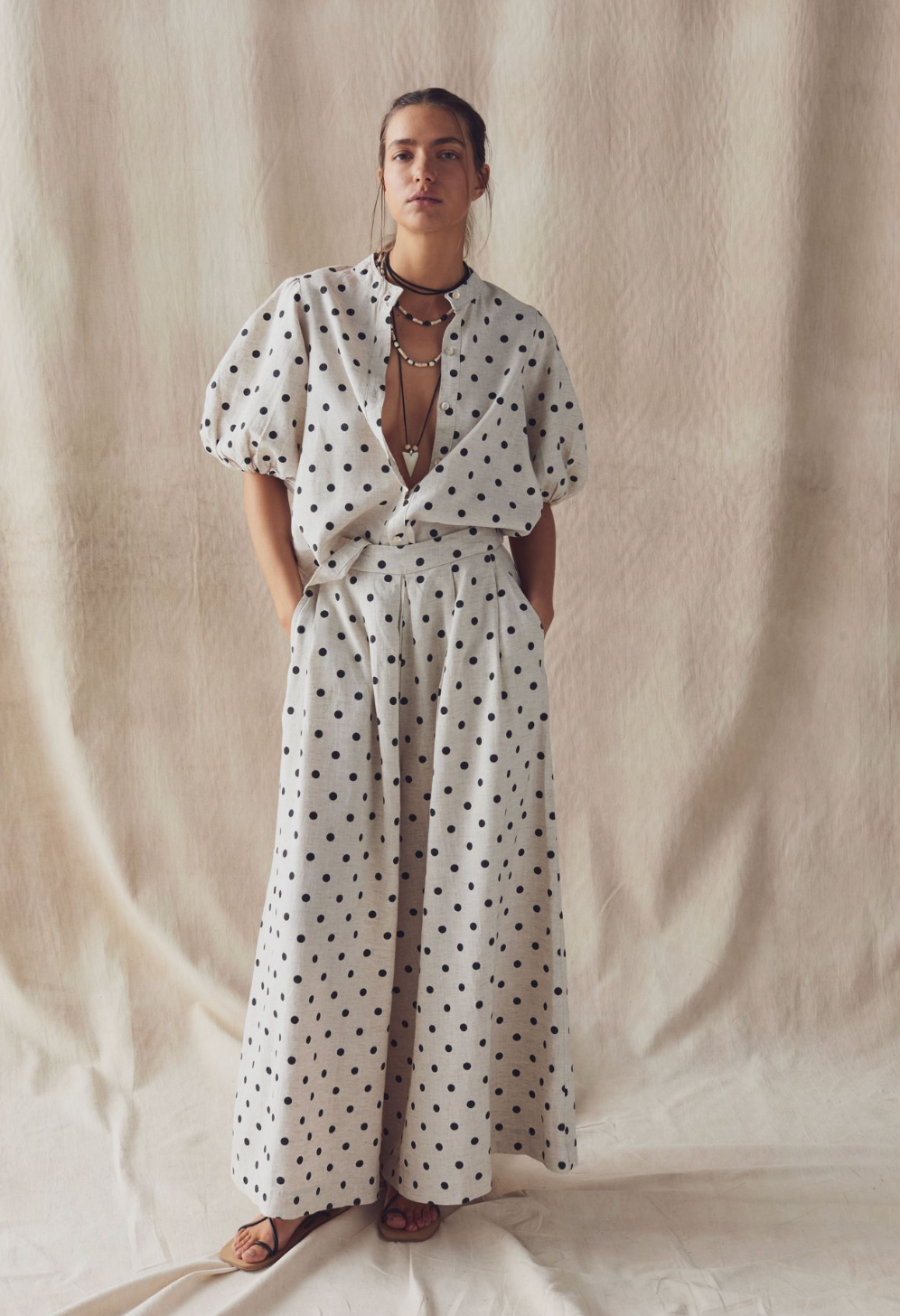 Lanhtropy Sabi Linen Pants - Natural and Black Polka Dots