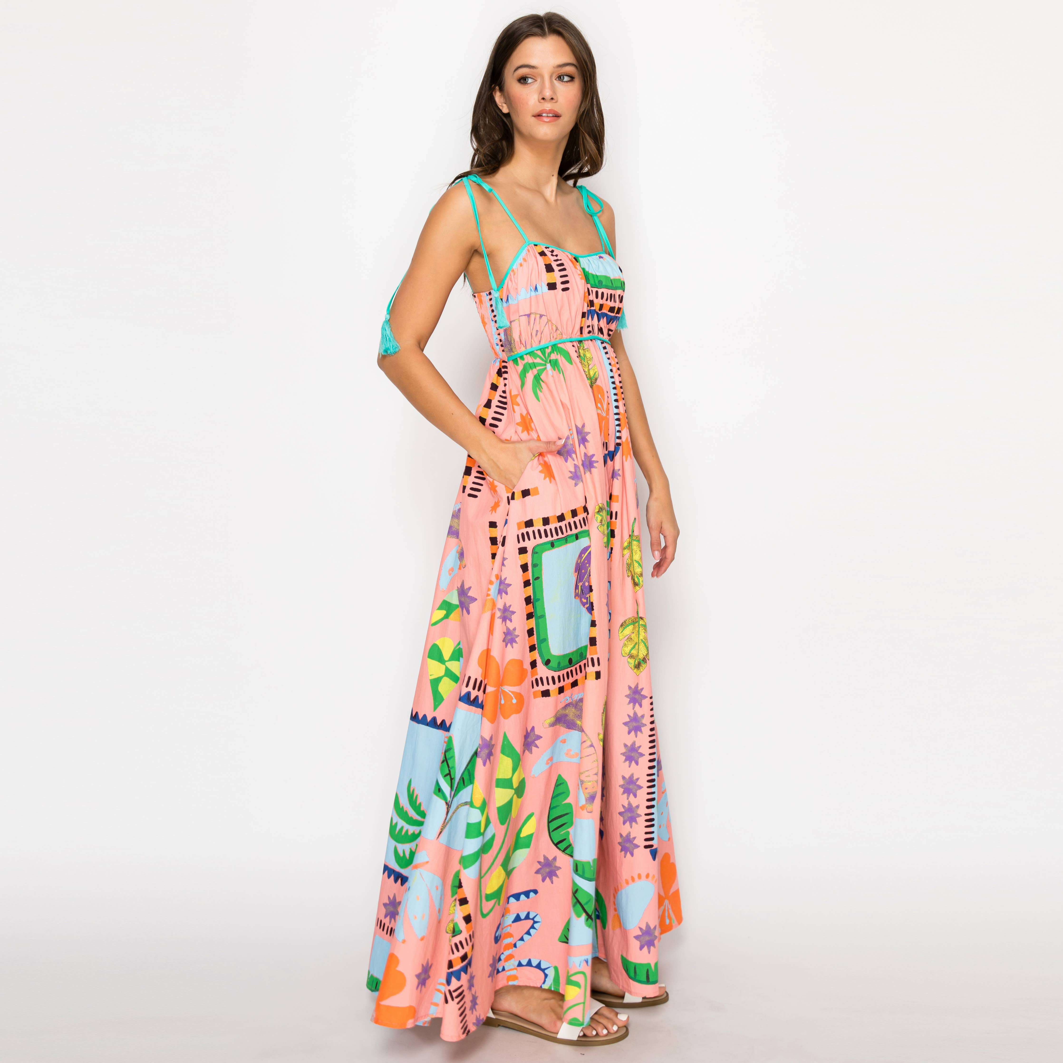 LoveWednesday Coral Retro Tropical Print Cotton Maxi Dress