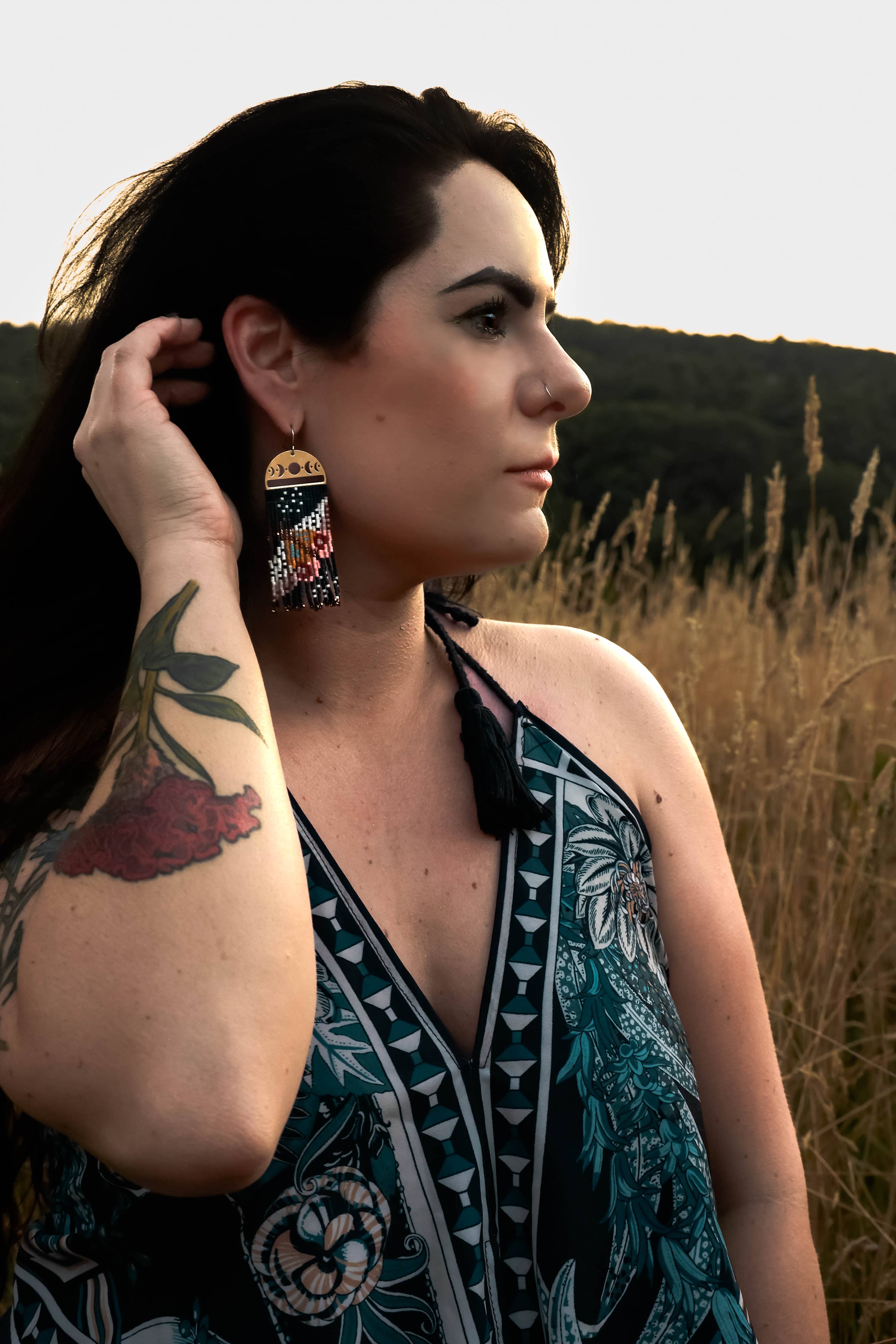 Mayana Beaded Handwoven Moonlit Moth Fringe Earrings