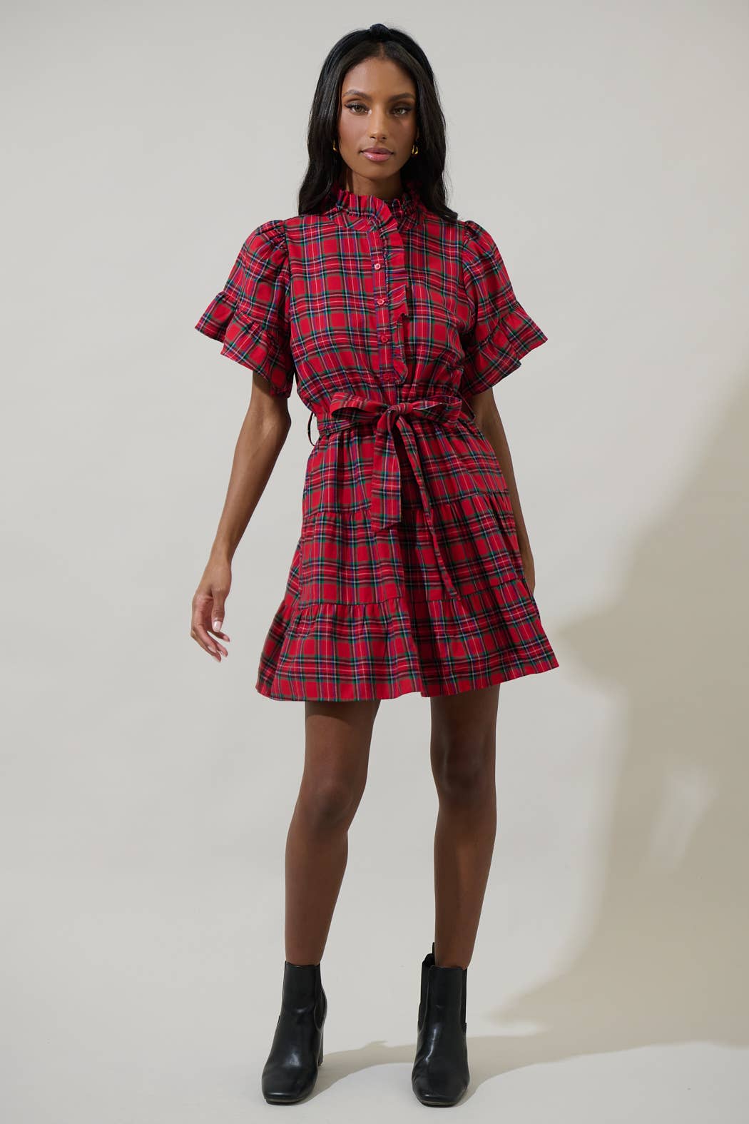 Sugarlips Arvada Plaid Cottonwood Ruffle Button Down Mini Dress