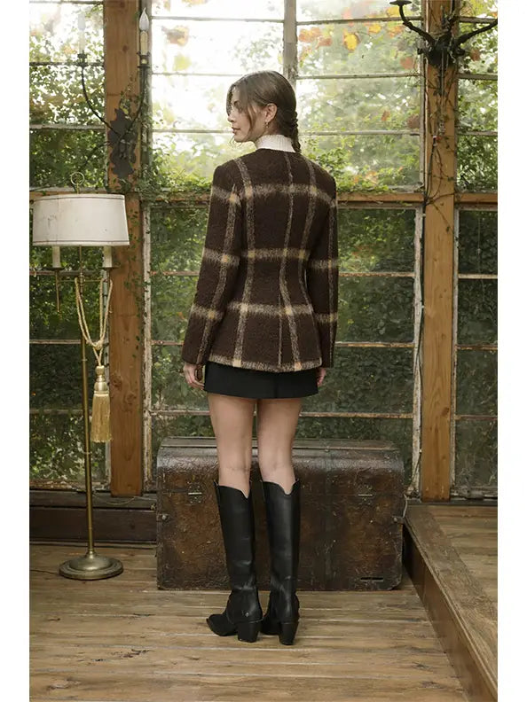 Moon River Plaid Textured Sculpted Round Neck Blazer MS1121