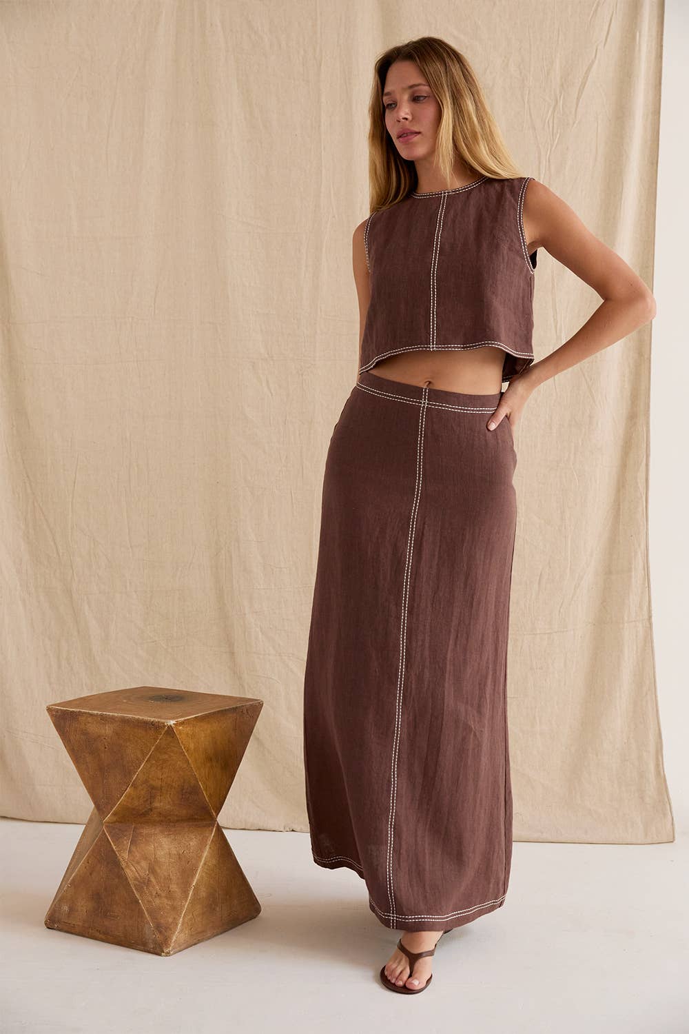 Crescent Kenzy Contrast Stitch Linen Maxi Skirt CS8997