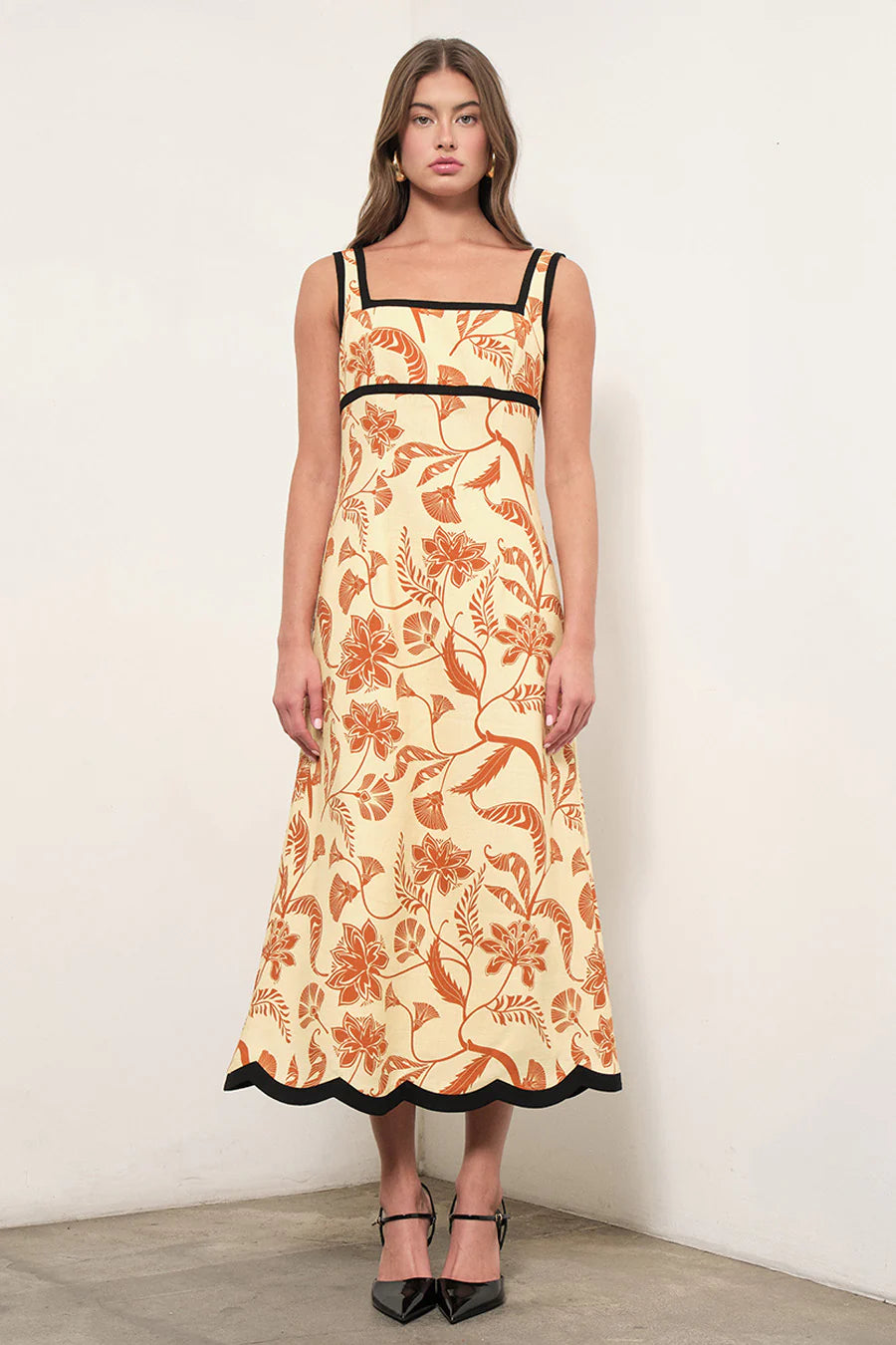 Maude Club Melanie Palm Print Linen Midi Flare Dress w/ Scallops MC755D