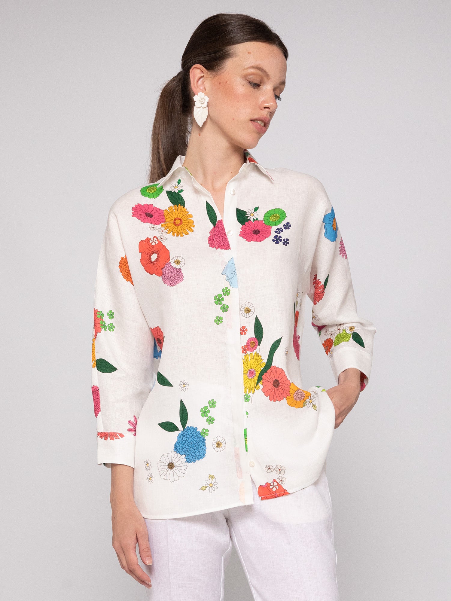 Vilagallo Louisa Flowers Pure Linen Shirt 31233
