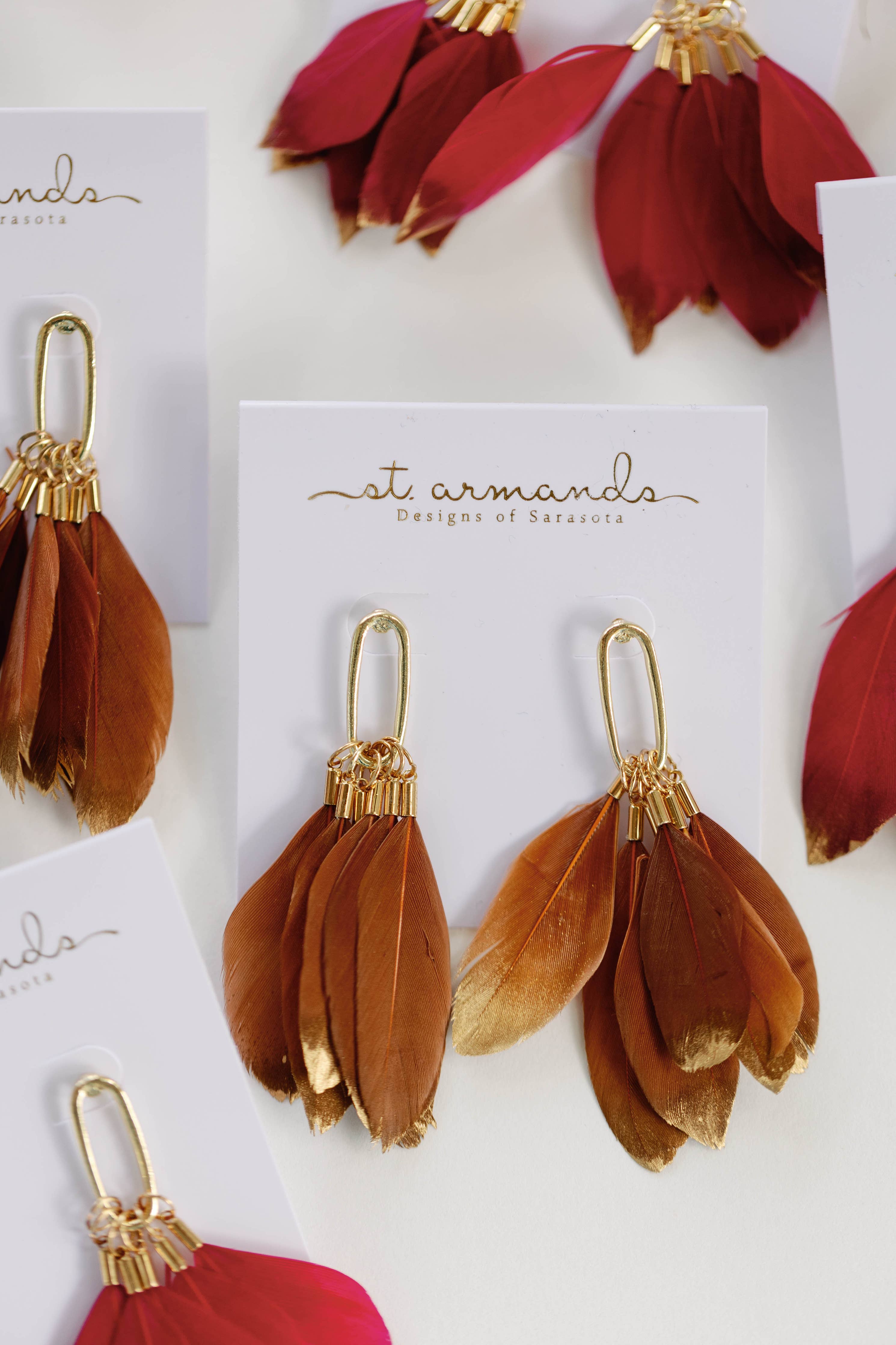 St. Armands Caramel Gold Dipped Feathers Statement Earrings