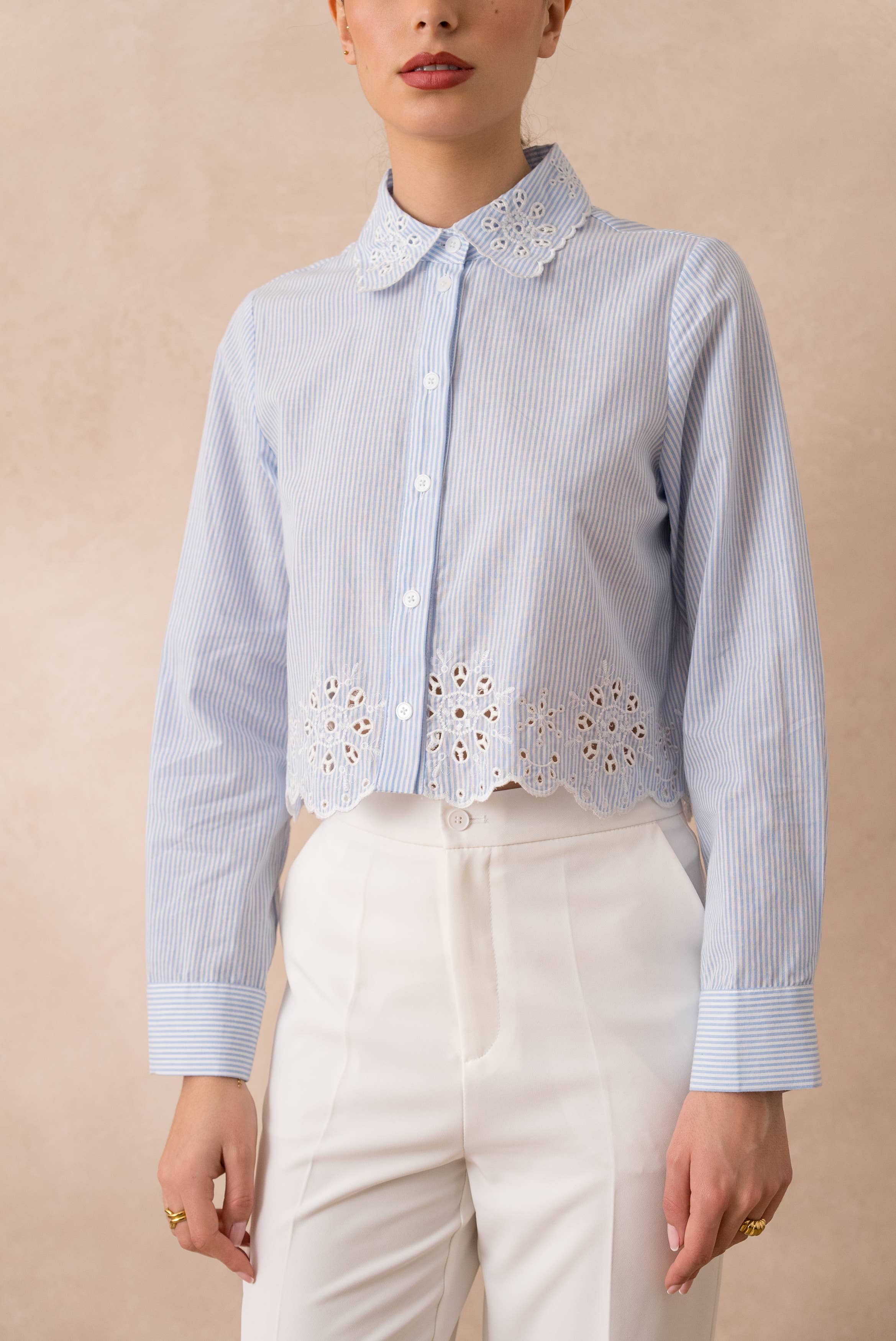 European Collection - Striped & Eyelet Cropped Shirt