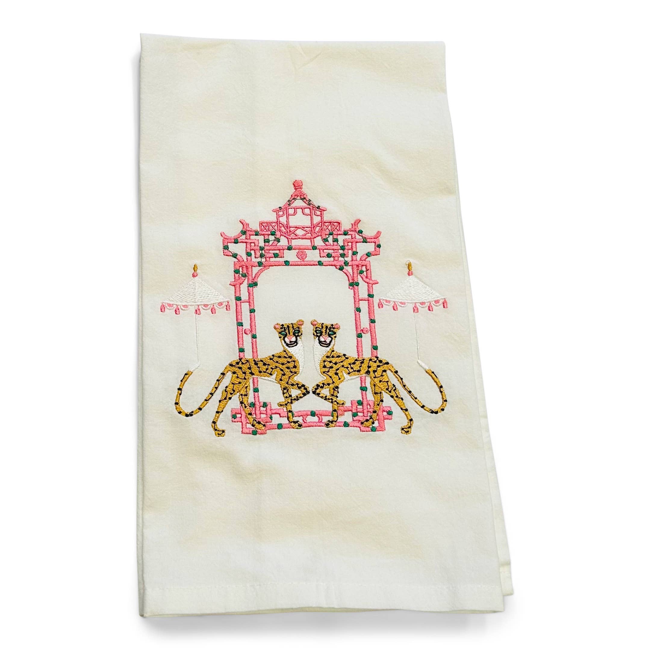 Vibrantly Blue Tea Towel - Cheetah with Umbrella by Pagoda Chinoiserie