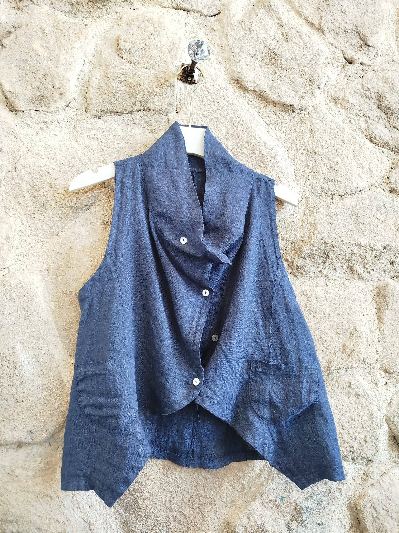 European Linen Button Front Cowl Collar Vest 8178