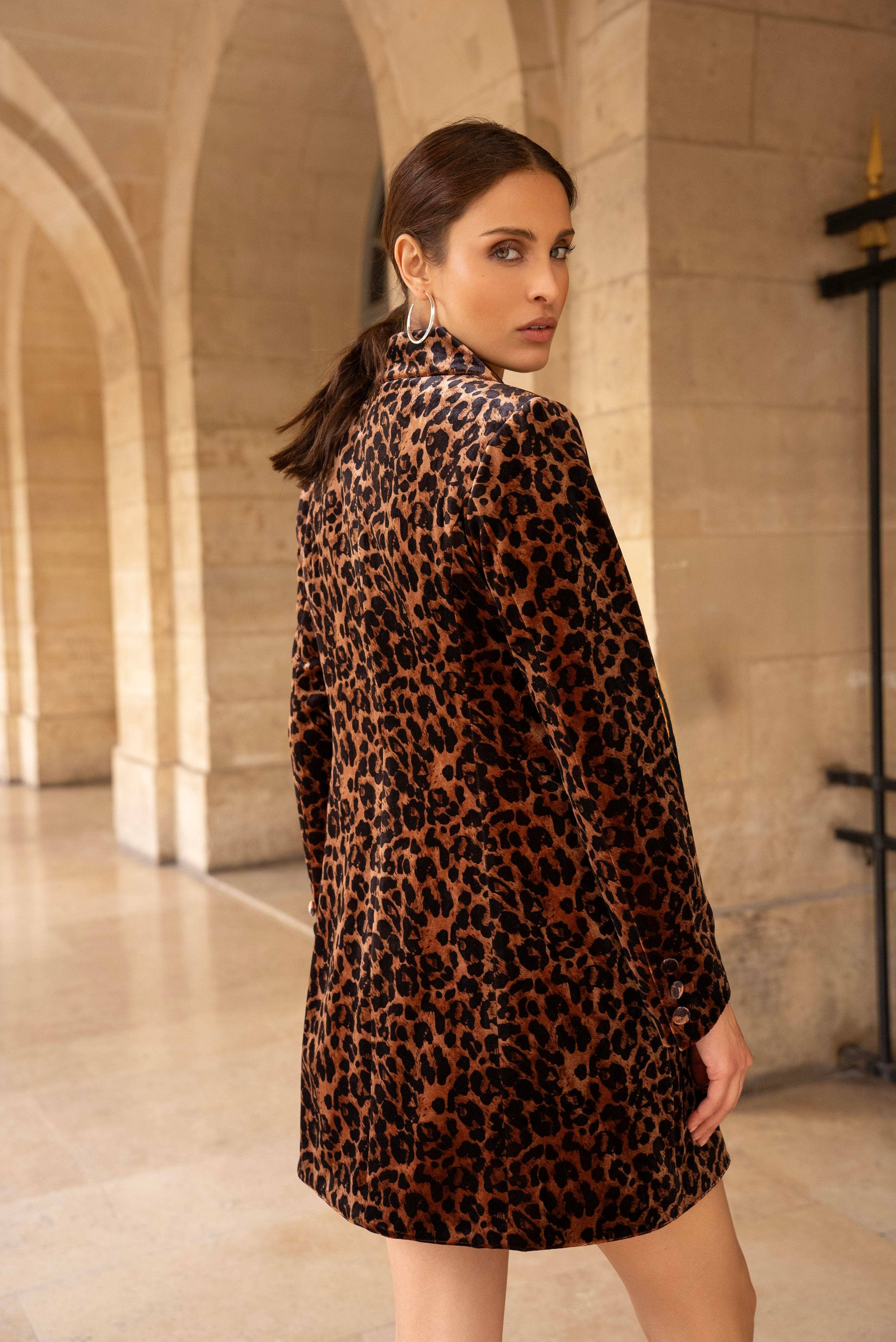 European Collection Tie Waist Leopard Velvet Dress Jacket