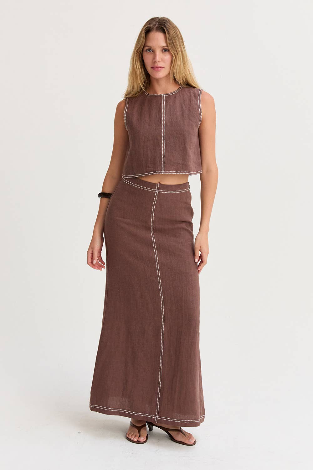 Crescent Kenzy Contrast Stitch Linen Maxi Skirt CS8997