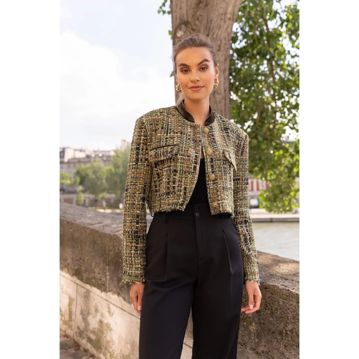 European Collection Tweed Jacket with Velvet Collar