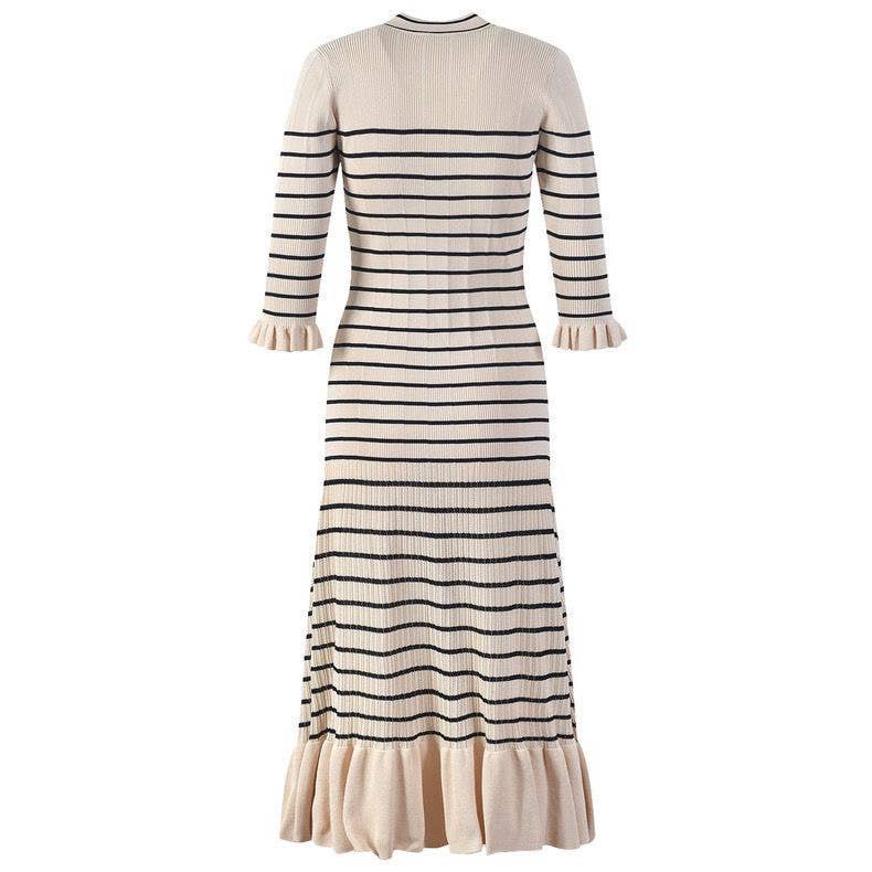 Thames Collection Striped Knit Ruffle Short Sleeve Button-Down Dress DR378