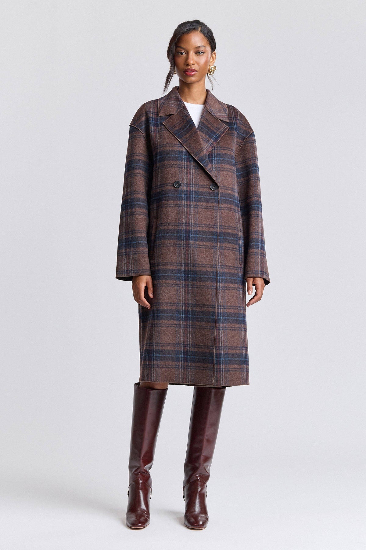 Avec Les Filles Plaid Wool Blend Scarf Trim Coat 86541