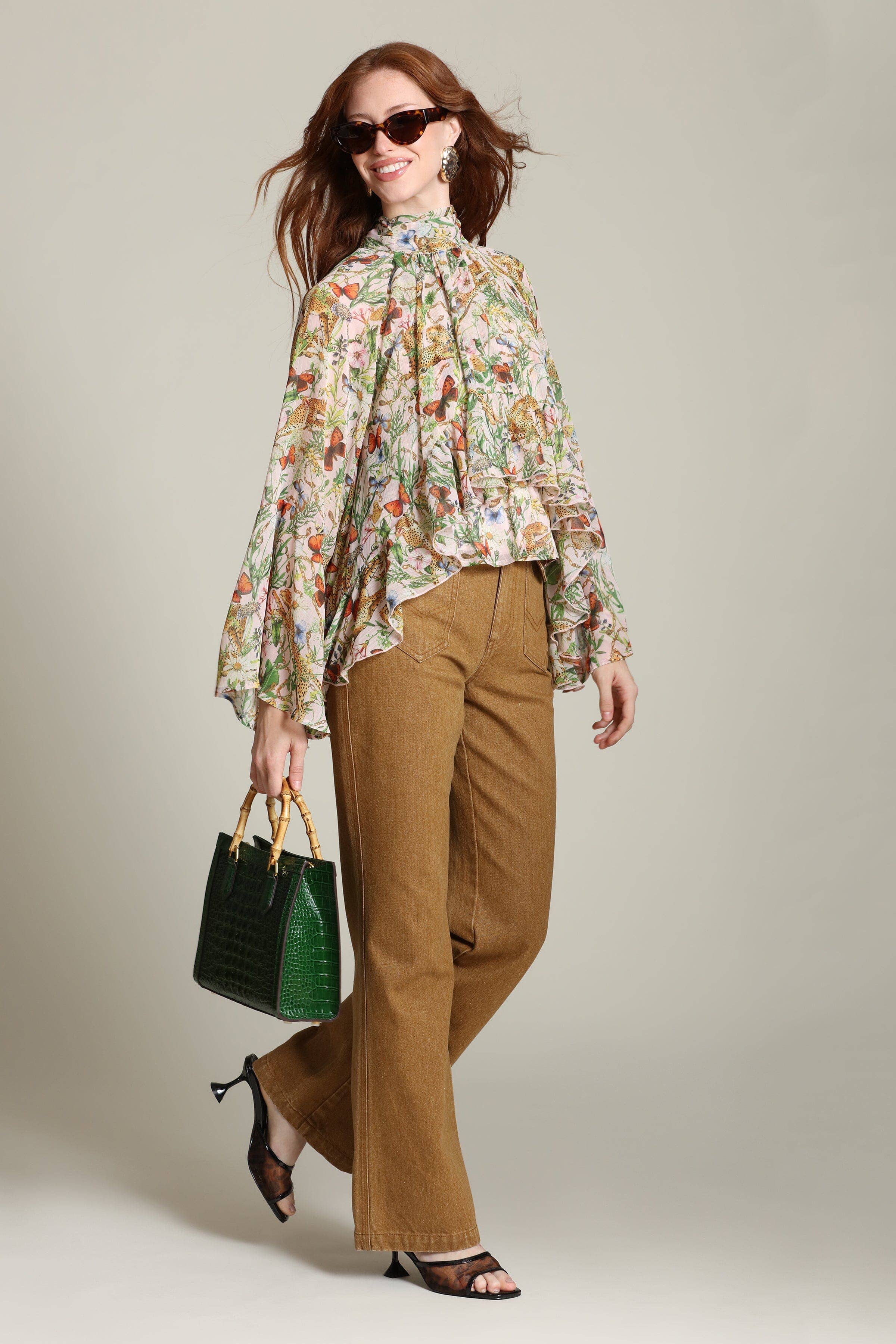 Avec Les Filles Botanical Print Chiffon Ruffle Blouse