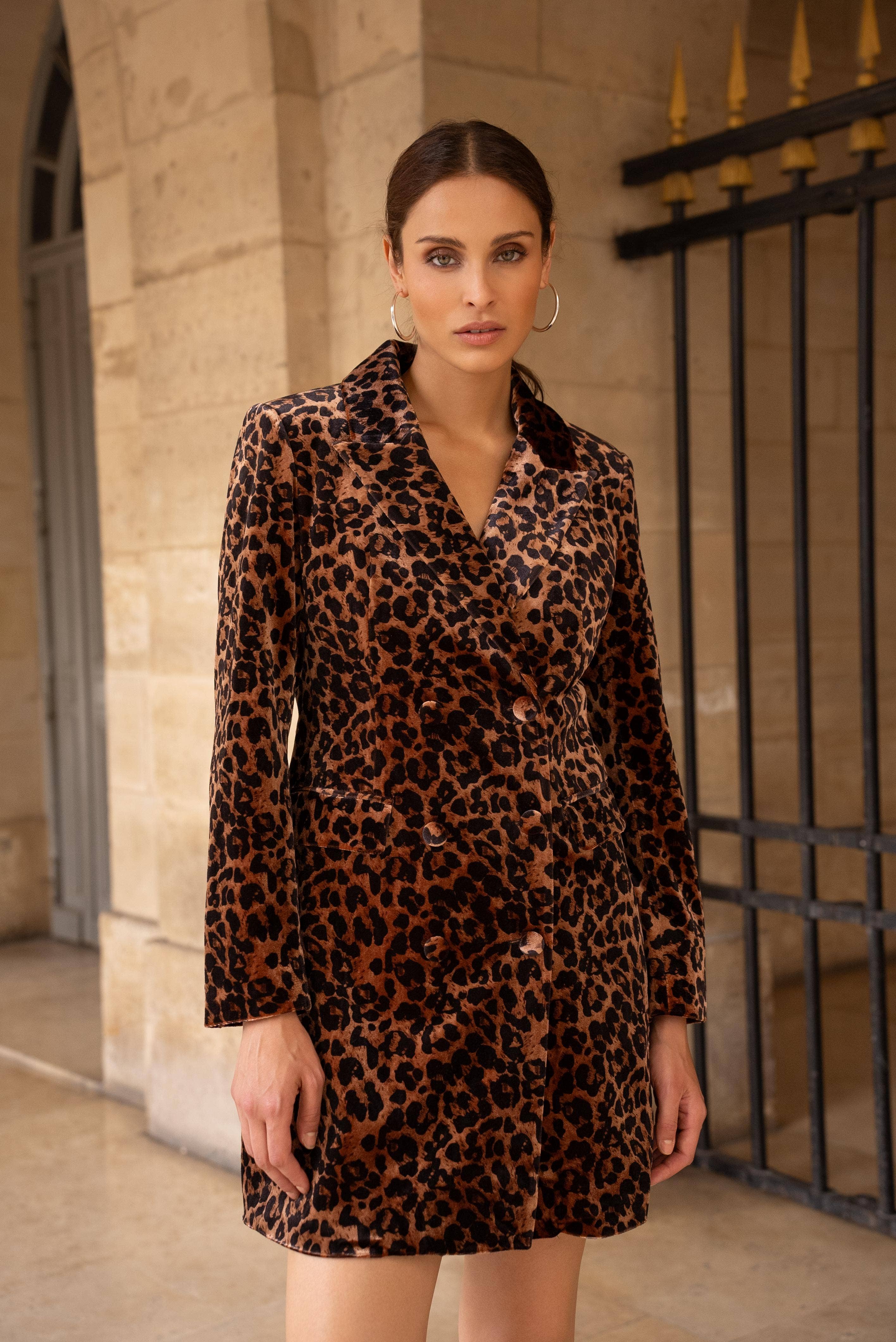 European Collection Tie Waist Leopard Velvet Dress Jacket