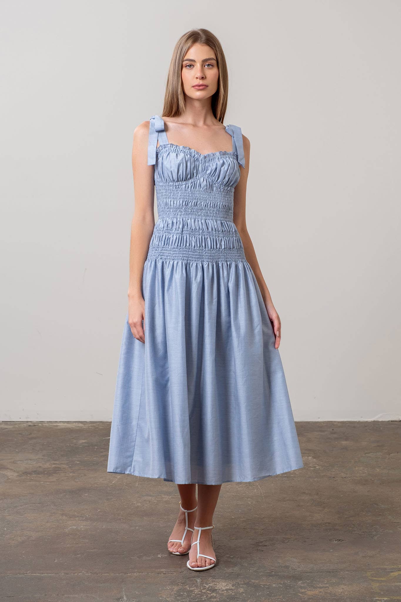 Moon River Shirred Midi Dress