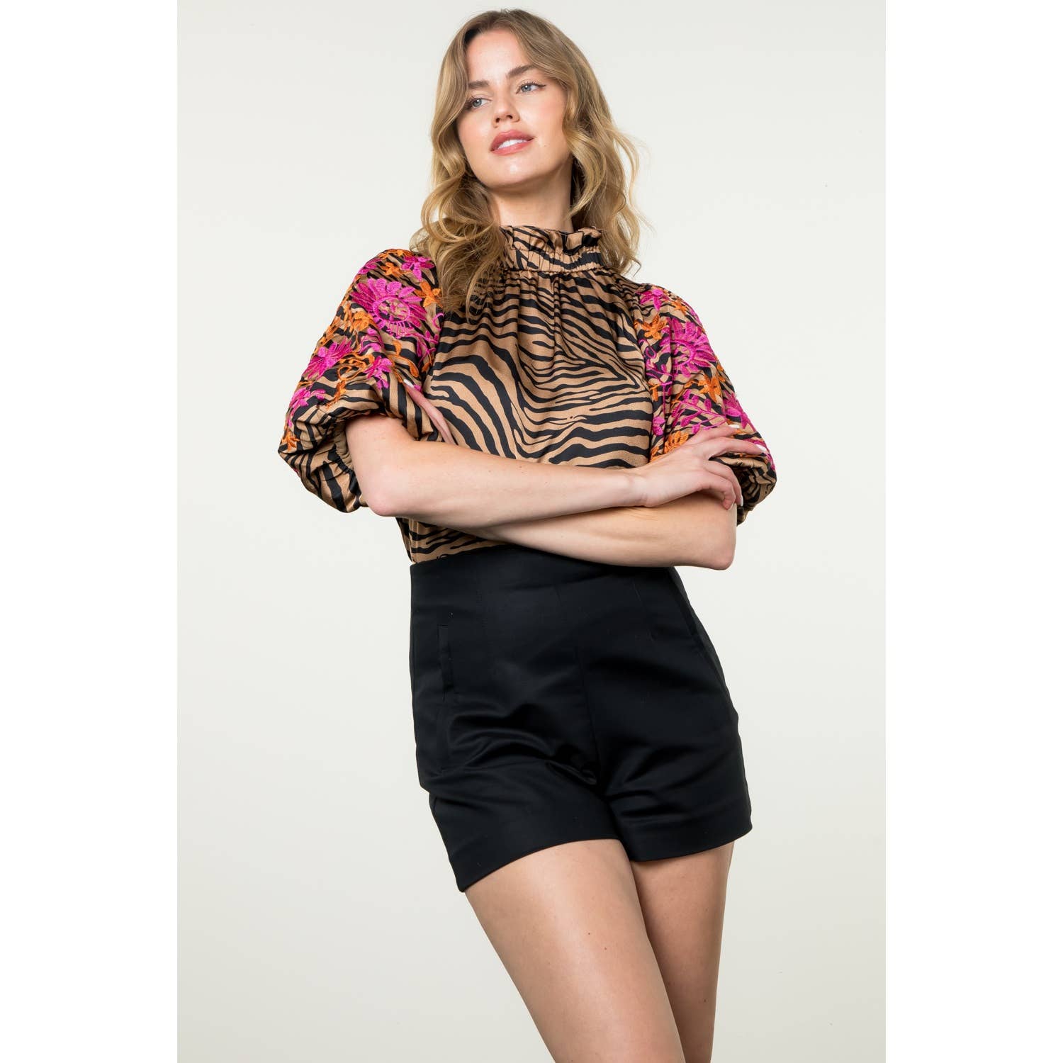 THML Embroidered Puff Sleeve Print Top